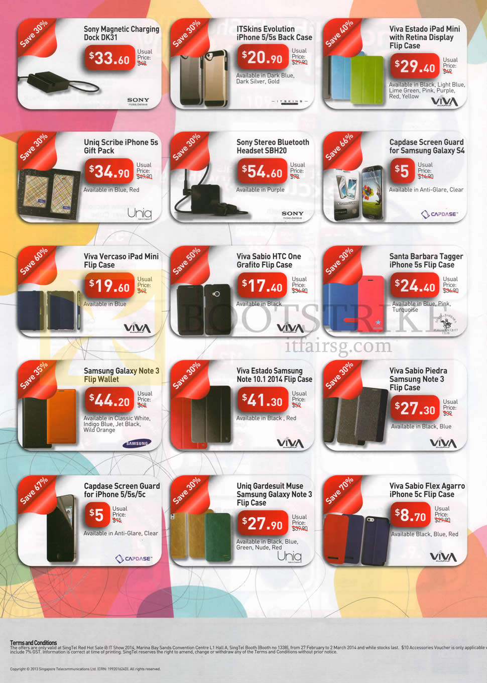 IT SHOW 2014 price list image brochure of Singtel Accessories Charging Dock, Flip Cases, Flip Wallet, Screen Protector, Bluetooth Headset, IPad Mini Case, Uniq, Viva Estado, Vercaso, Sabio