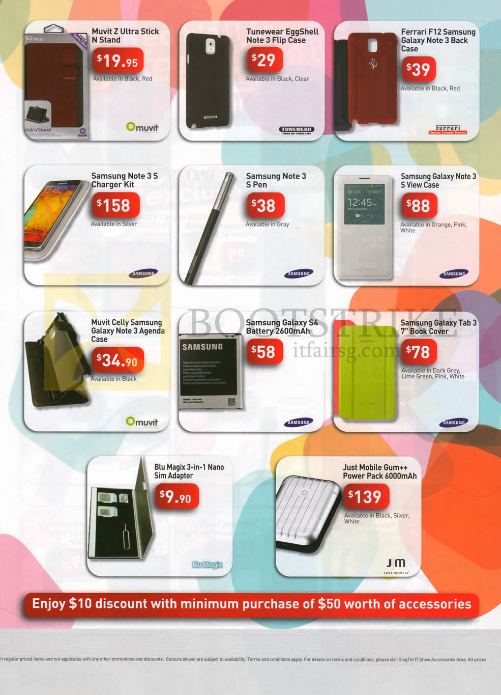 IT SHOW 2014 price list image brochure of Singtel Accessories Flip Cases, Back Cases, Samsung Note S Pen, Sim Adapter, Power Pack, Tuneswear, Ferrari, Blu Magix