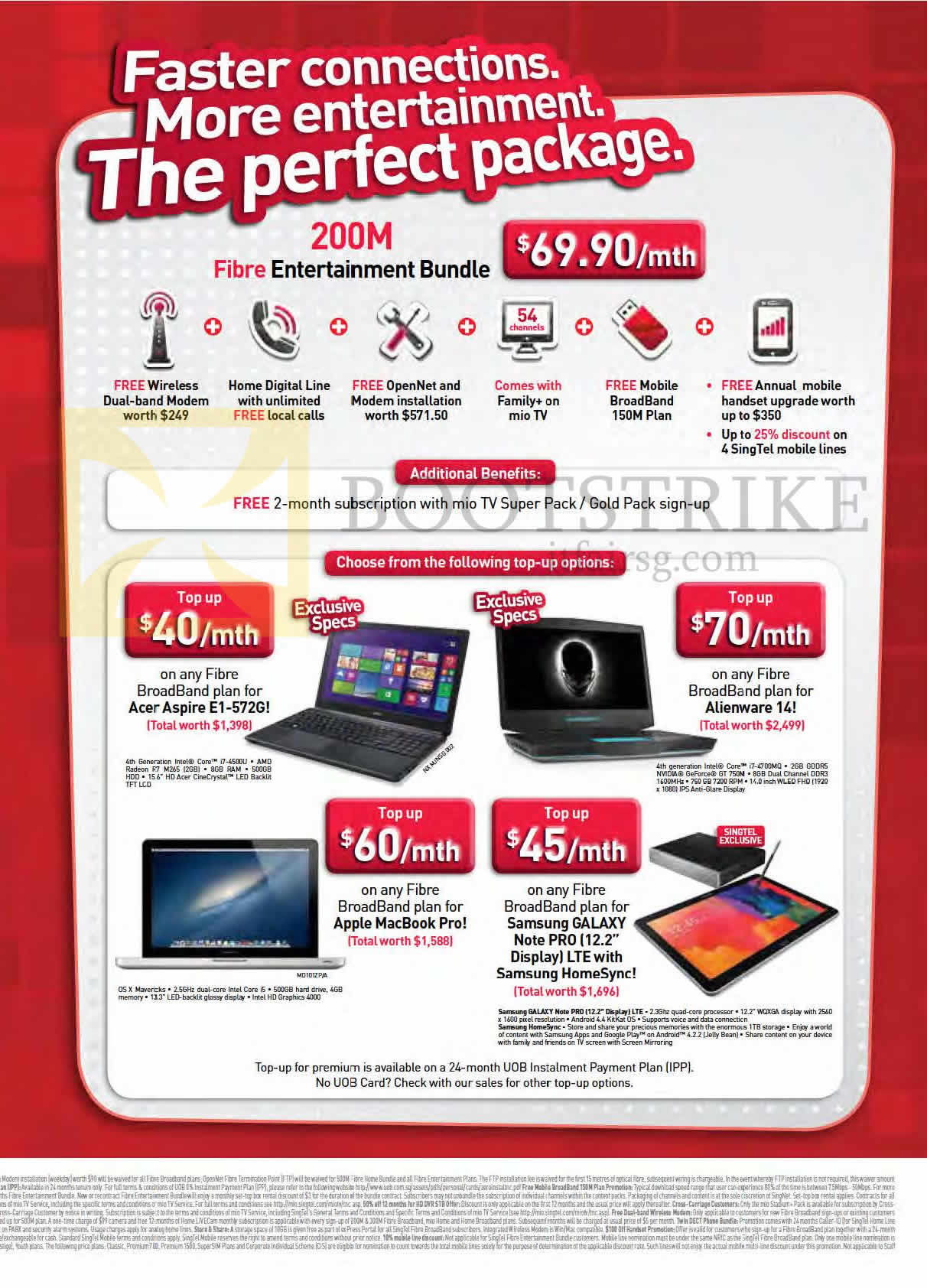 IT SHOW 2014 price list image brochure of Singtel Broadband 200Mbps Fibre Entertainment Bundle, Notebooks Acer Aspire E1-572G, Dell Alienware 14, Apple Macbook Pro, Samsung Galaxy Note Pro