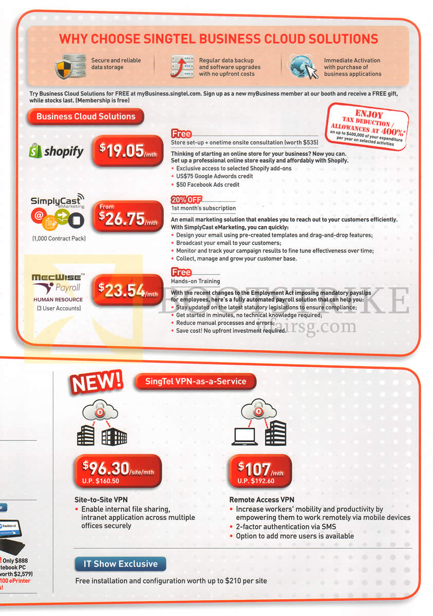 IT SHOW 2014 price list image brochure of Singtel Business Cloud Solutions, Shopify, SimplyCast, Mecwise, VPN