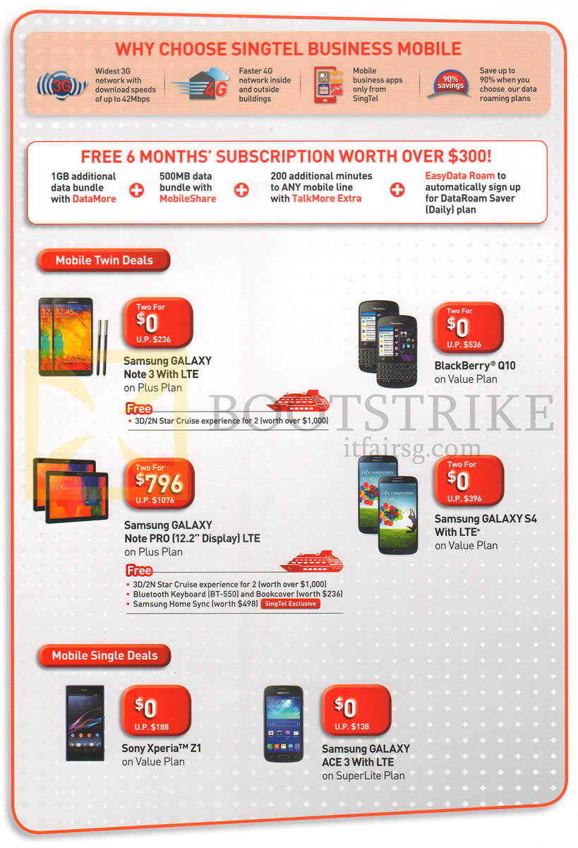 IT SHOW 2014 price list image brochure of Singtel Business Mobile Twin Deals Samsung Galaxy Note 3, Note Pro, S4, Ace 3, Blackberry Q10, Sony Xperia Z1