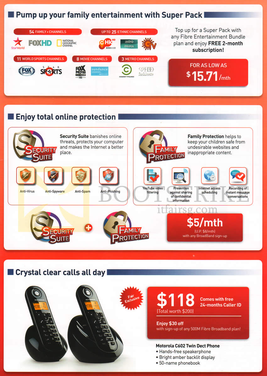 IT SHOW 2014 price list image brochure of Singtel Mio TV Super Pack, Security Suite, Family Protection, Motorola C602 Dect Phone