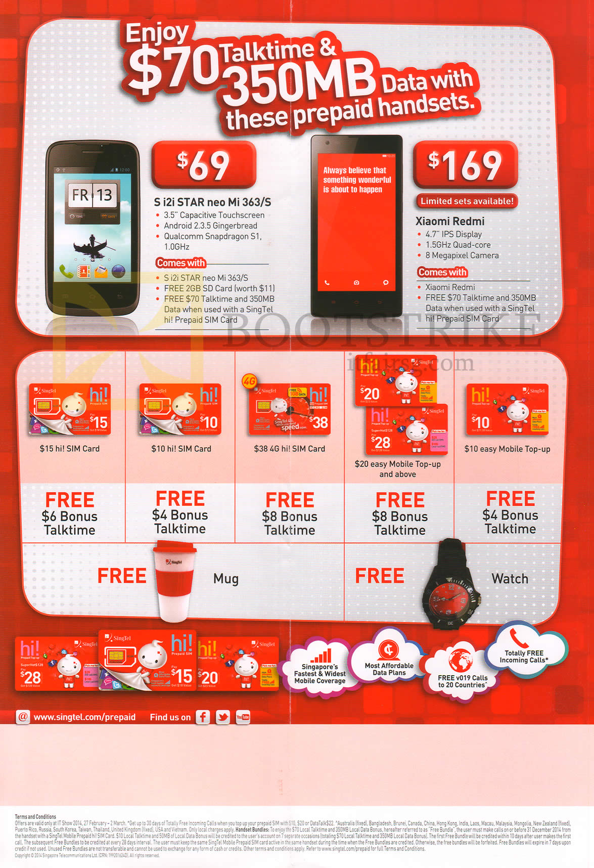 IT SHOW 2014 price list image brochure of Singtel Mobile Prepaid S I2i Star Neo Mi 363 S, Xiaomi Redmi, Top Up Cards, Free Mug