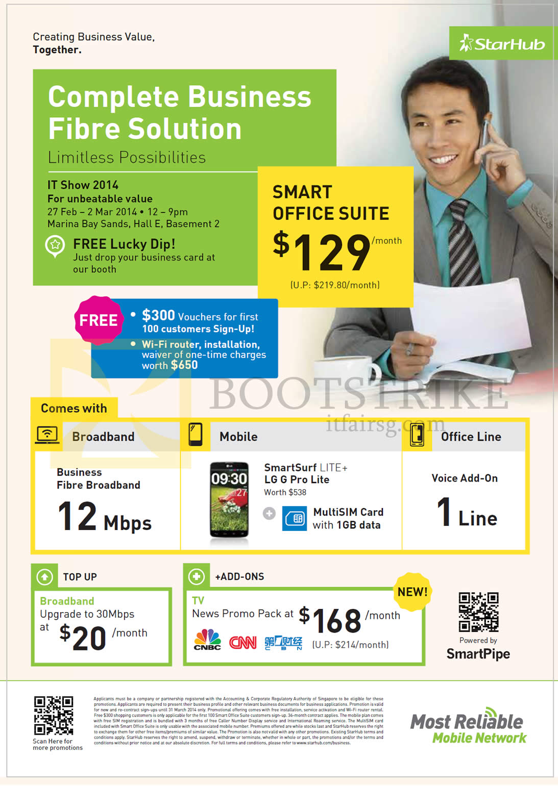 IT SHOW 2014 price list image brochure of StarHub Business Fibre Broadband Smart Office Suite, 12Mbps, LG G Pro Lite, 30Mbps, TV News