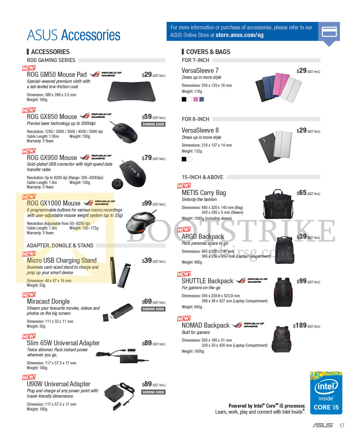 IT SHOW 2015 price list image brochure of ASUS Accessories Mouse Pads, Mouse, USB Charging Stand, Dongle, Adapters, Sleeves, Backpacks, Carry Bag