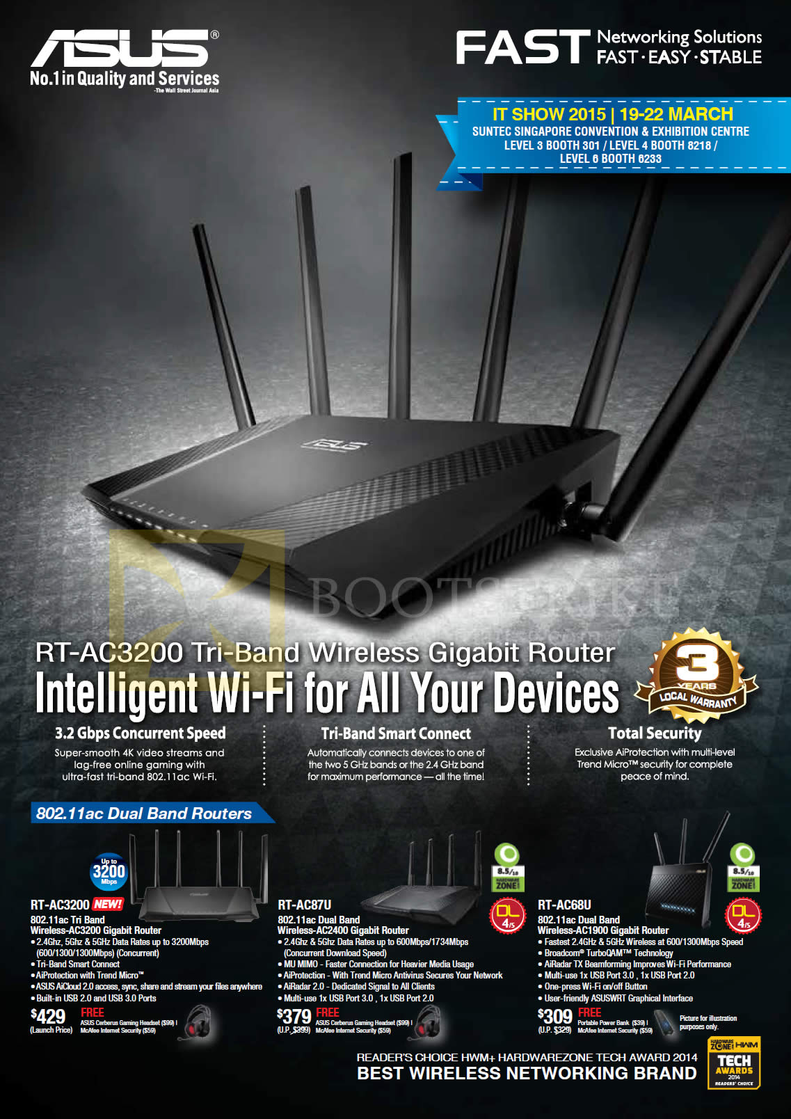 IT SHOW 2015 price list image brochure of ASUS Networking Routers Tri-Band Dual Band RT-AC3200, RT-AC87U, RT-AC68U