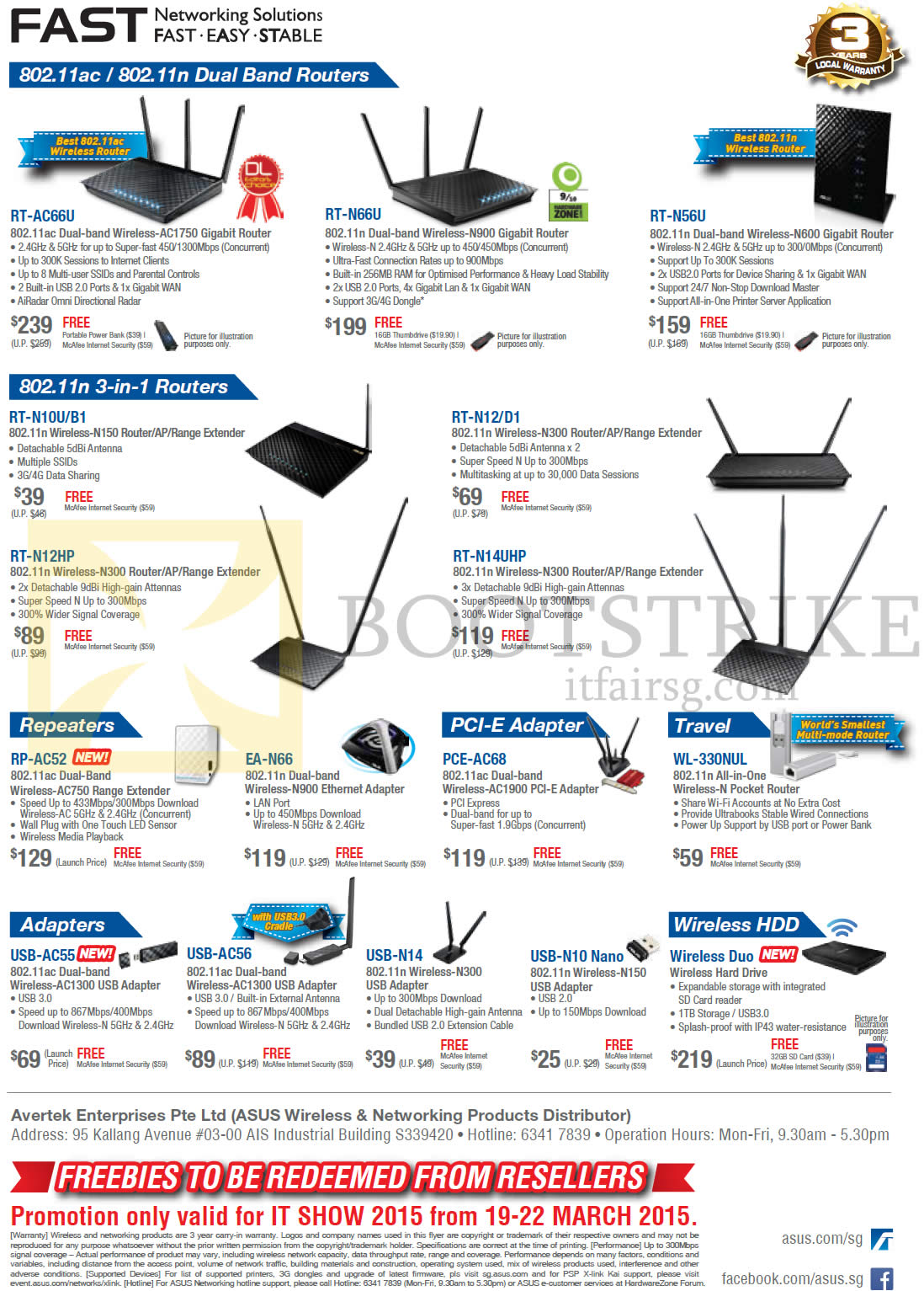 IT SHOW 2015 price list image brochure of ASUS Networking Routers, Repeaters, Adapters, RT-AC66U, RT-N66U, RT-N56U, RT-N12HP, RT-N14UHP, RP-AC52, EA-N66. PCE-AC68, WL-330NUL, USB-AC55, USB-AC56, USB-N14, USB-N10