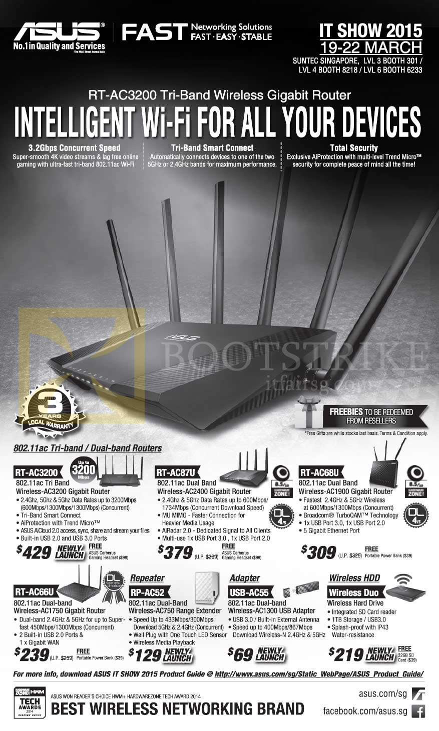 IT SHOW 2015 price list image brochure of ASUS Networking Tri-band, Dual-band Routers, Repeater, Adapter, Wireless HDD, RT-AC3200, RT-AC87U, RT-AC68U, RT-AC66U, RP-AC52, USB-AC55, Wireless Duo