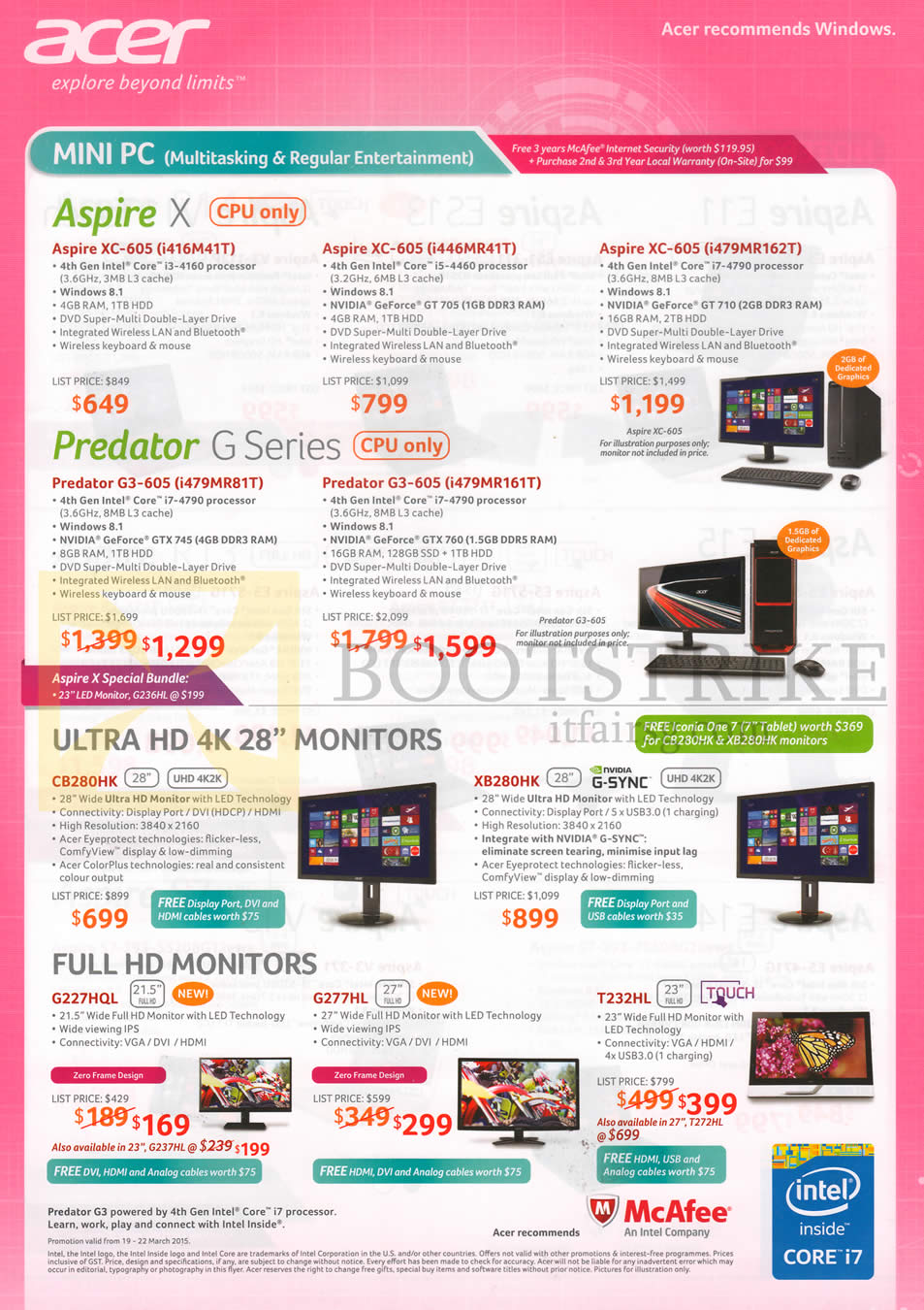 IT SHOW 2015 price list image brochure of Acer Desktop PCs, Monitors, Aspire XC-605, Predator G3-605, 4K UHD CB280HK, XB280HK, G227HQL, G277HL, T232HL