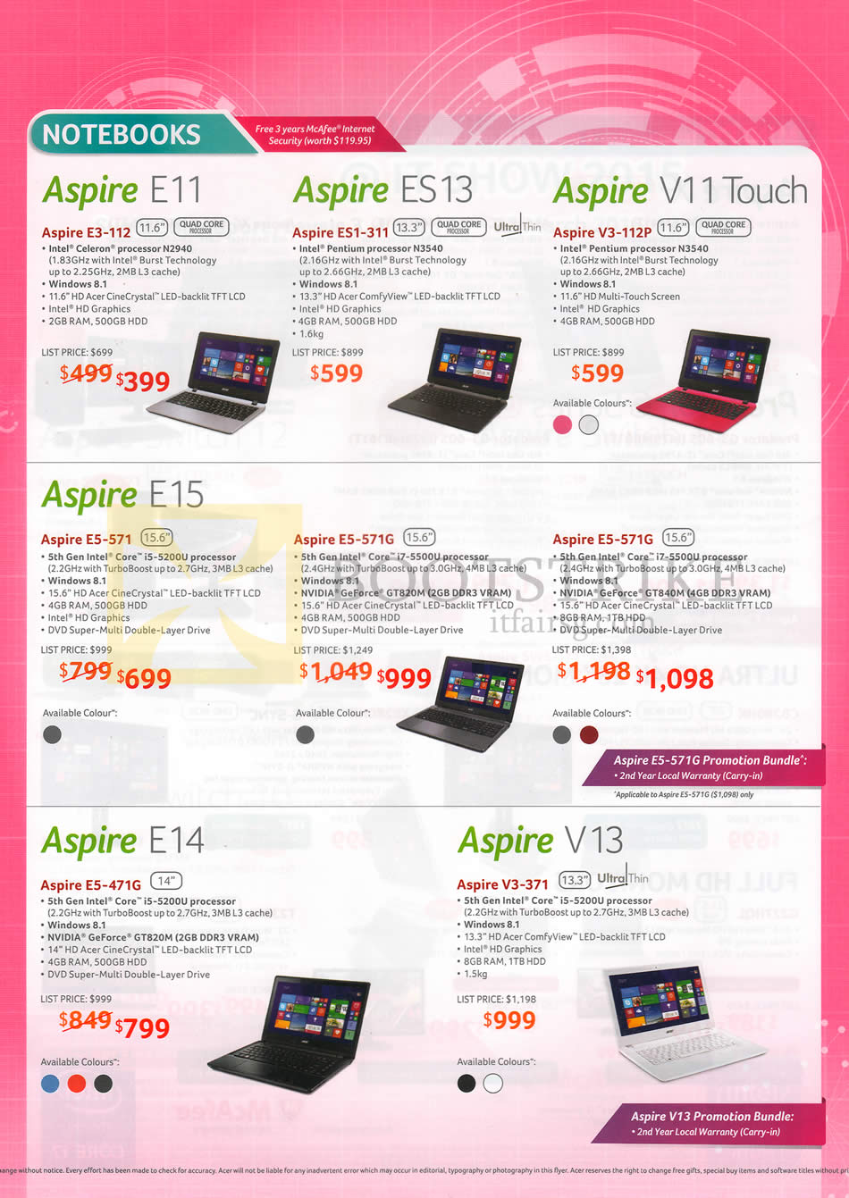 IT SHOW 2015 price list image brochure of Acer Notebooks Aspire E11 ES13 V11 Touch E15 E14 V13 E3-112, ES1-311, V3-112P, E5-571, 571G, 471G, V3-371