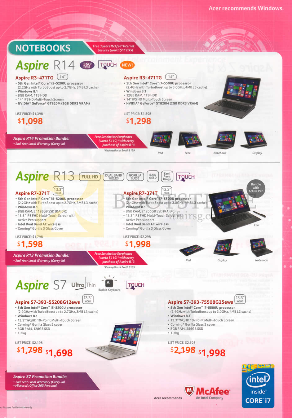 IT SHOW 2015 price list image brochure of Acer Notebooks Aspire R14 R13 S7 R3-471TG, R7-371T, S7-393-55208G12ews, 75508G25ews