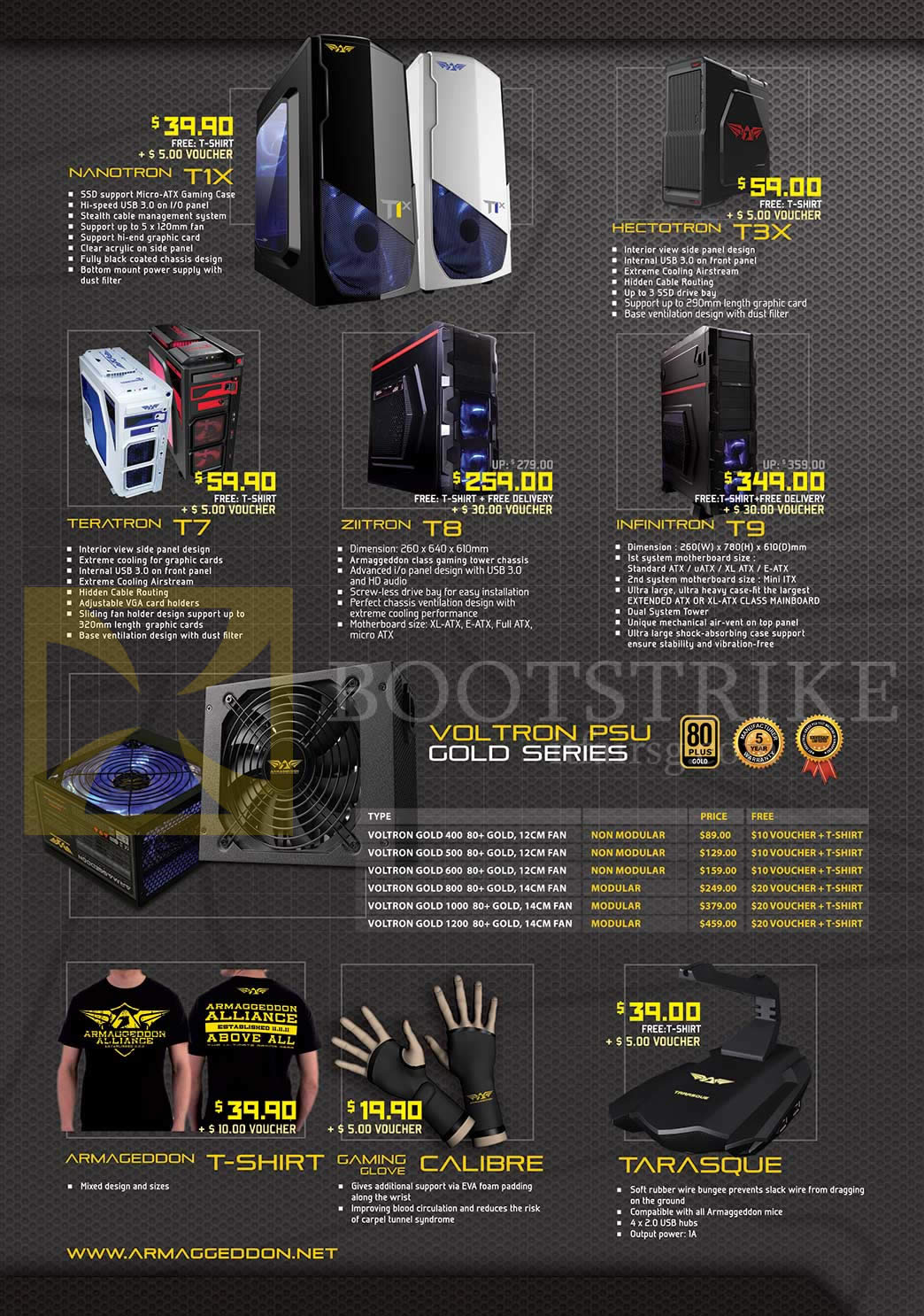 IT SHOW 2015 price list image brochure of Armaggeddon Desktop PC Case, Fan, T-Shirt, Glove, Nanotron T1X, Hectotron T3X, Teratron T7, Ziitron T8, Infinitron T9, Voltron PSU Gold Series, Tarasque