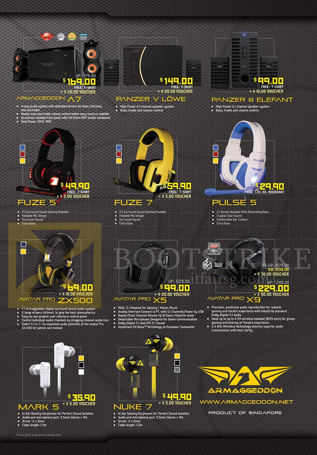 IT SHOW 2015 price list image brochure of Armaggeddon Speakers, Headphones, Earphone, A7, Panzer V Lowe, III Elefant, Fuze 5, 7, Pulse 5, Avatar Pro ZX500, X5, X9, Mark 5, Nuke 7