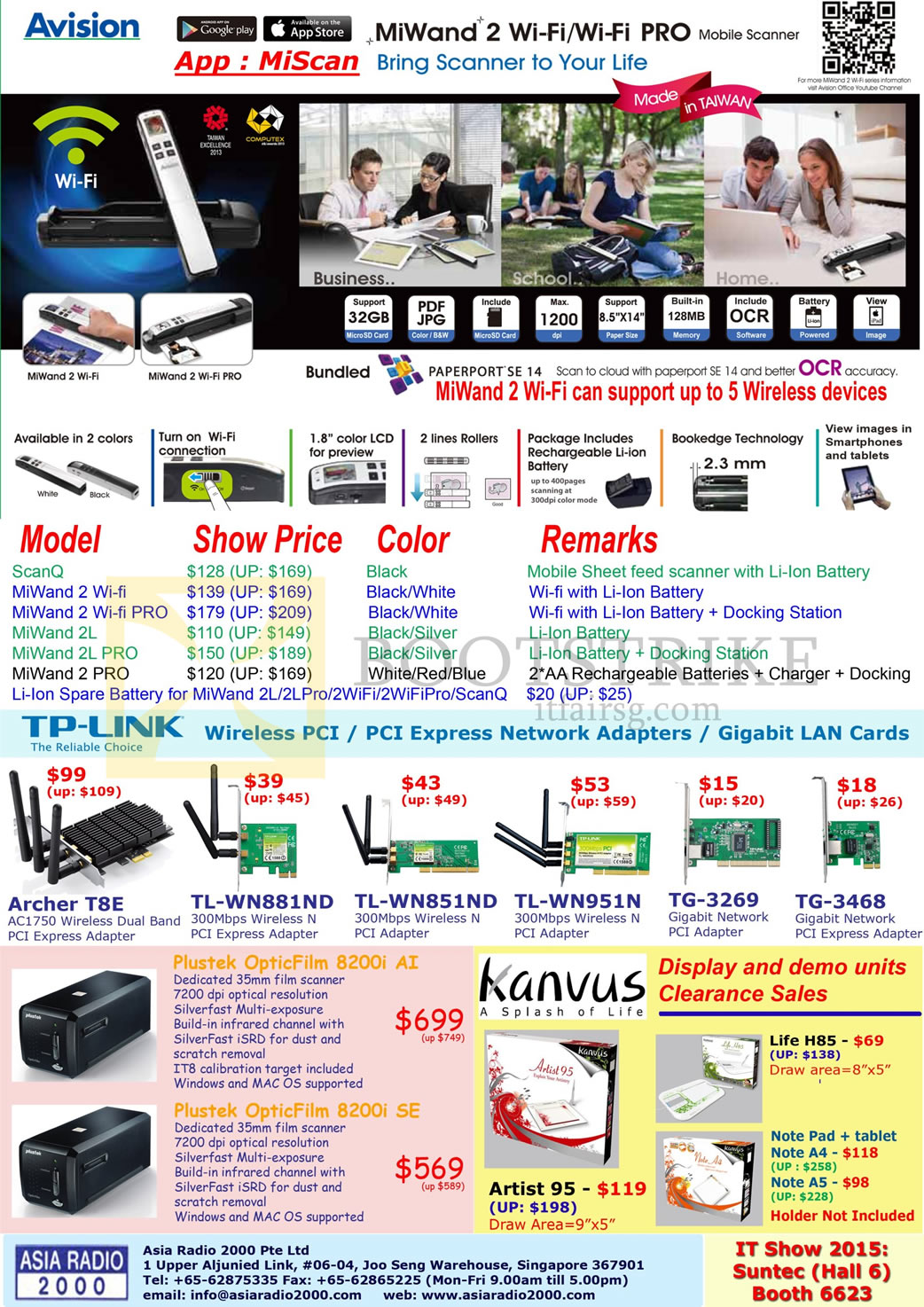 IT SHOW 2015 price list image brochure of Asia Radio Avision Scanner MiWand 2 Wi-fi Pro, ScanQ, Wireless PCI Express Gigabit Cards Archer, Plustek OpticFlim 8200i, Kanvus Artist 95, Life H85