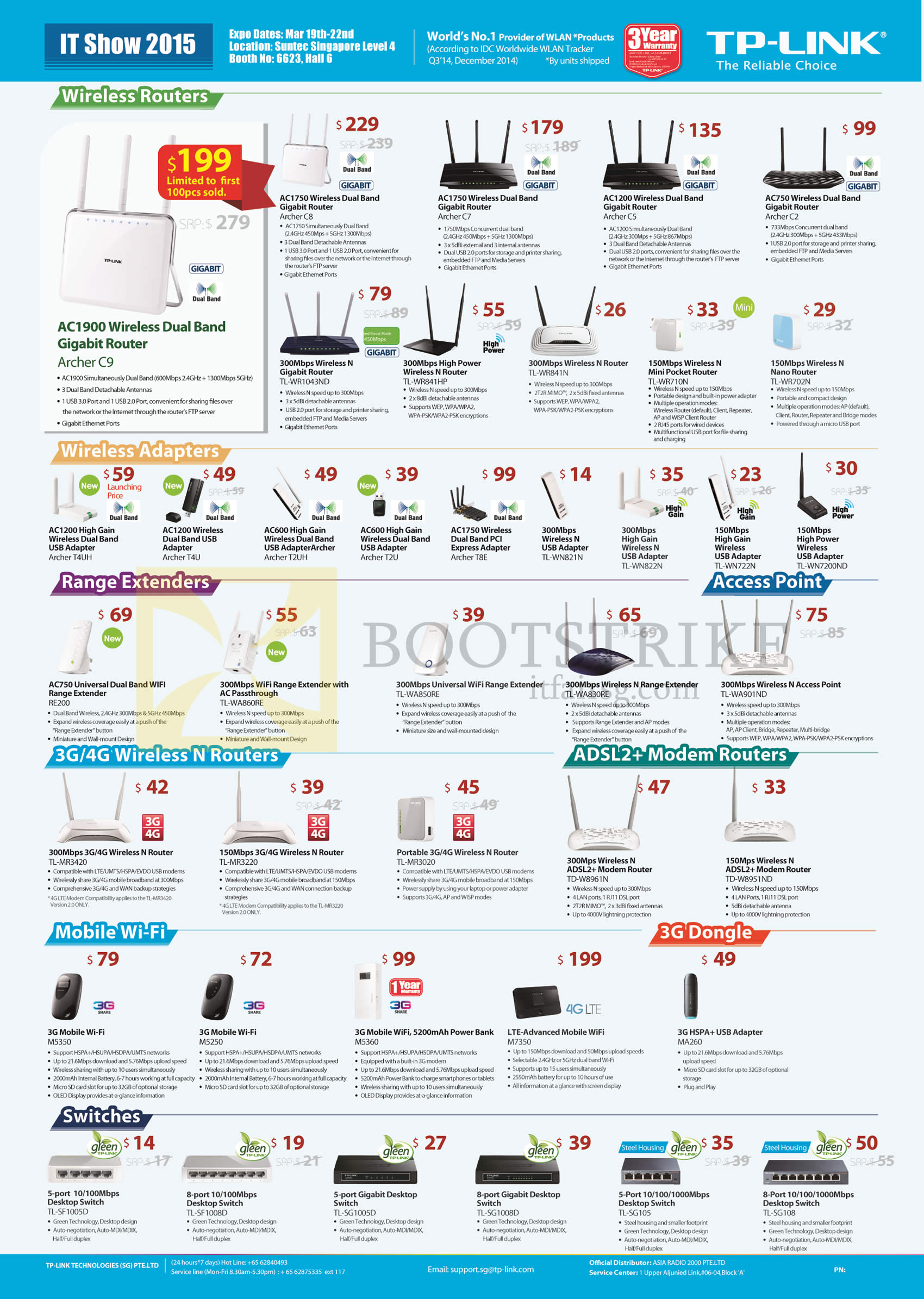 IT SHOW 2015 price list image brochure of Asia Radio TP-Link Networking Routers, Adapters, Range Extenders, Wireless N Router, ADSL2 Modem Router, 3G Dongle, Switches