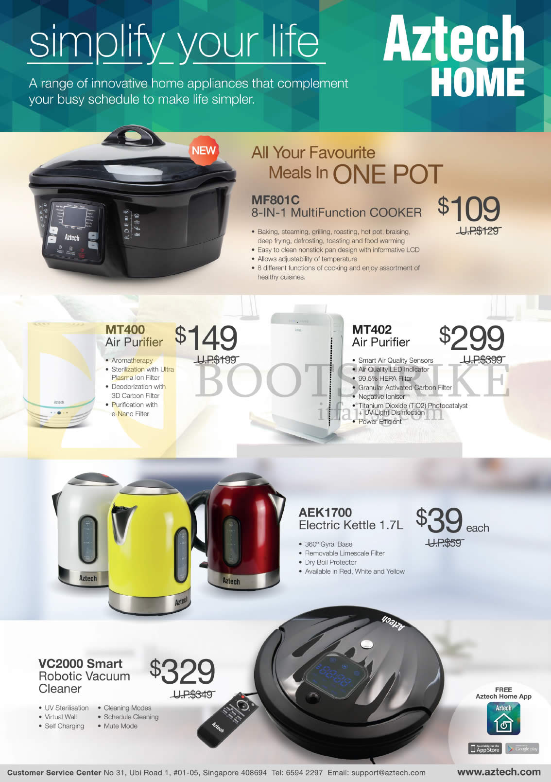 IT SHOW 2015 price list image brochure of Aztech MF801C Cooker, MT400, MT402 Air Purifier, AEK1700 Kettle, VC2000 Robotic Vacuum Cleaner