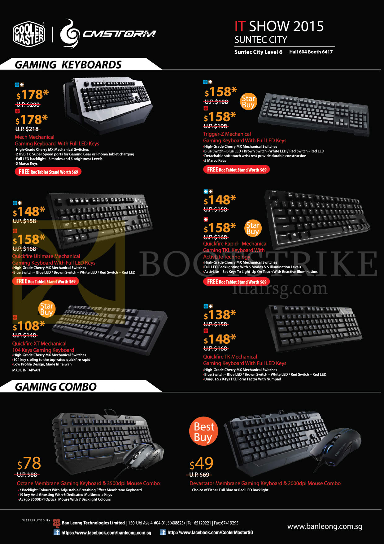 IT SHOW 2015 price list image brochure of Ban Leong Cooler Master CMStorm Gaming Mechanical Keyboards, Combo Sets, Quickfire XT Mechanical. Quickfire TX Mechanical, OcLane Membrane, Devastator