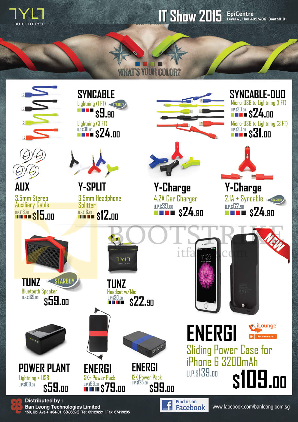 IT SHOW 2015 price list image brochure of Ban Leong TYLT Lightining Cables, Car Chargers, Bluetooth Speakers, Power Cases, Power Banks Syncable, Aux, Y-Split, Y-Charge, Tunz, Power Plant, Energi