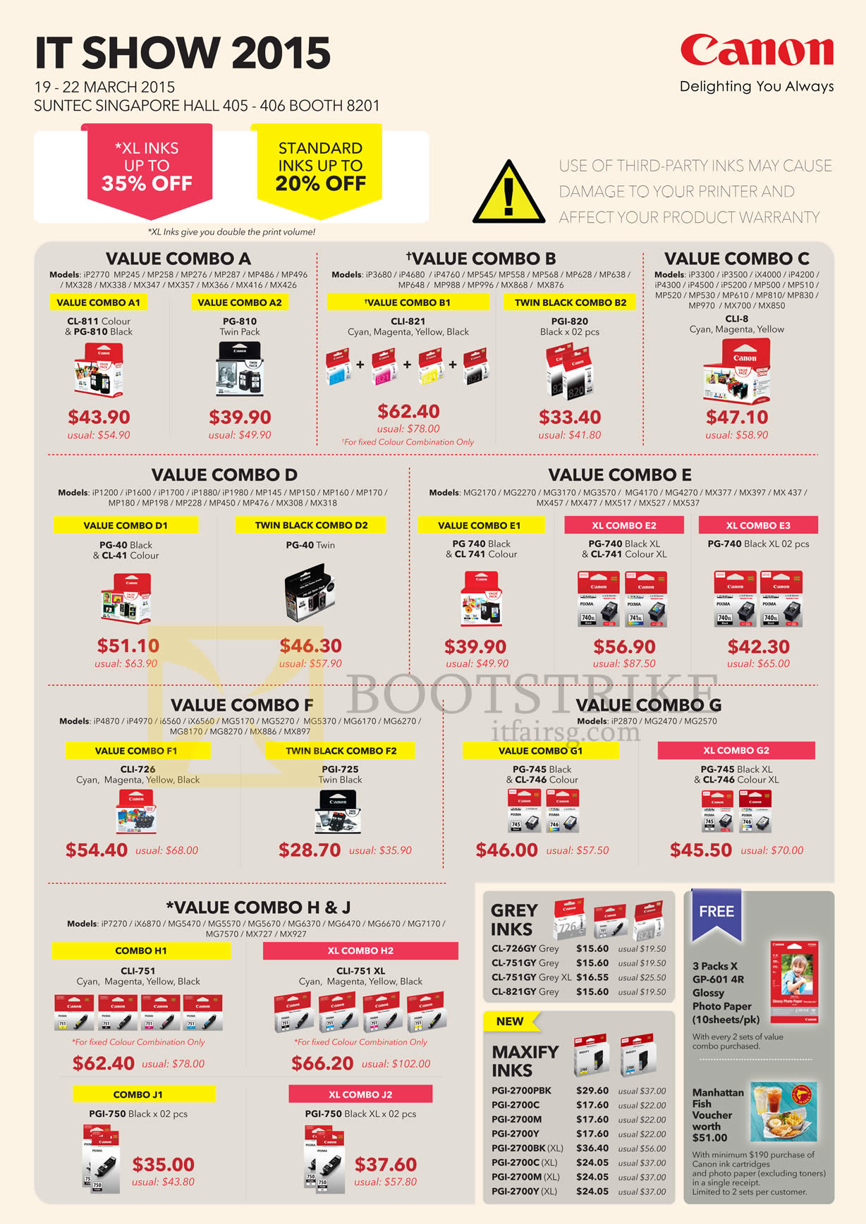 IT SHOW 2015 price list image brochure of Canon Ink Cartridges, Toner, Value Combo A, B, C, D, E, F, G, H, J, Grey Inks, Maxify Inks