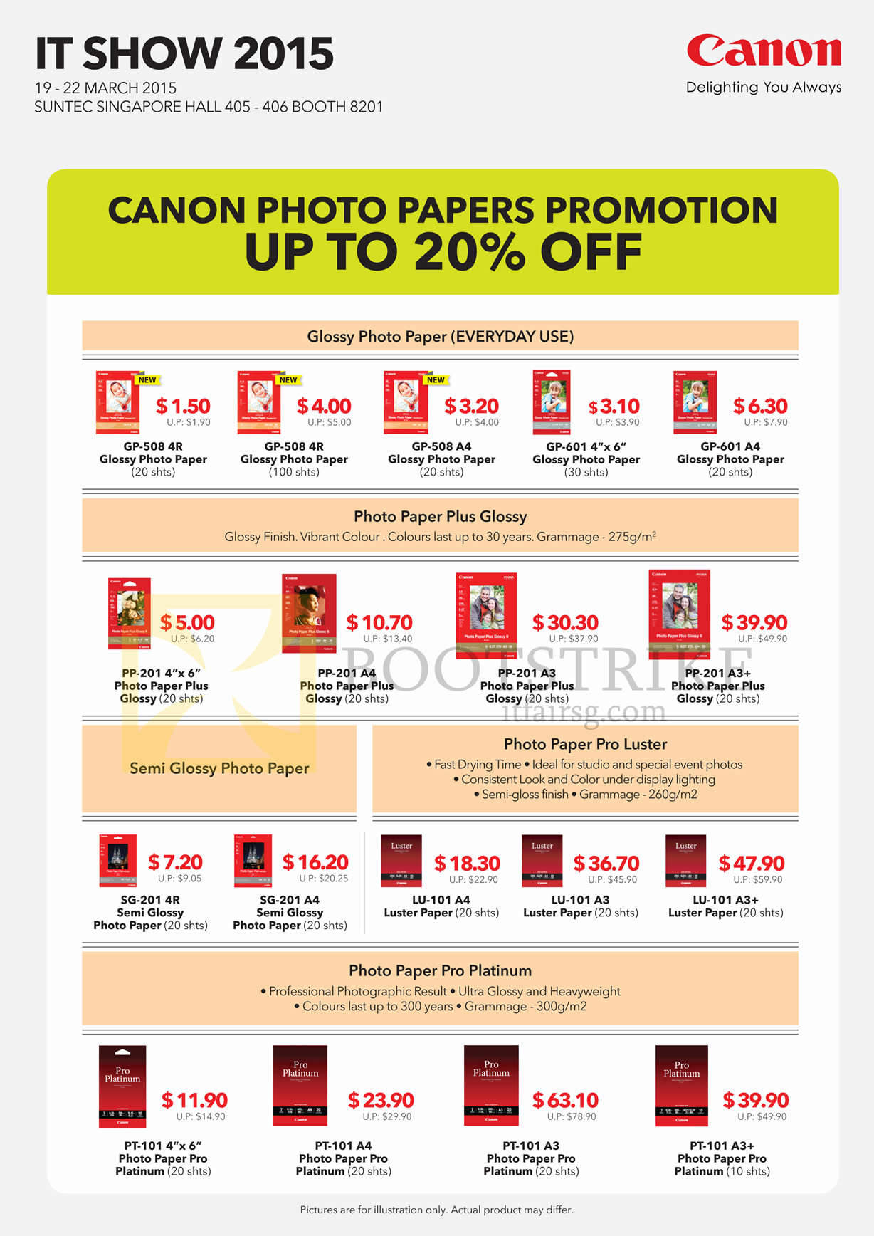 IT SHOW 2015 price list image brochure of Canon Photo Papers, Glossy Photo Paper, Photo Paper Plus Glossy, Semi Glossy Photo Paper, Photo Paper Pro Luster, Photo Paper Pro Platinum