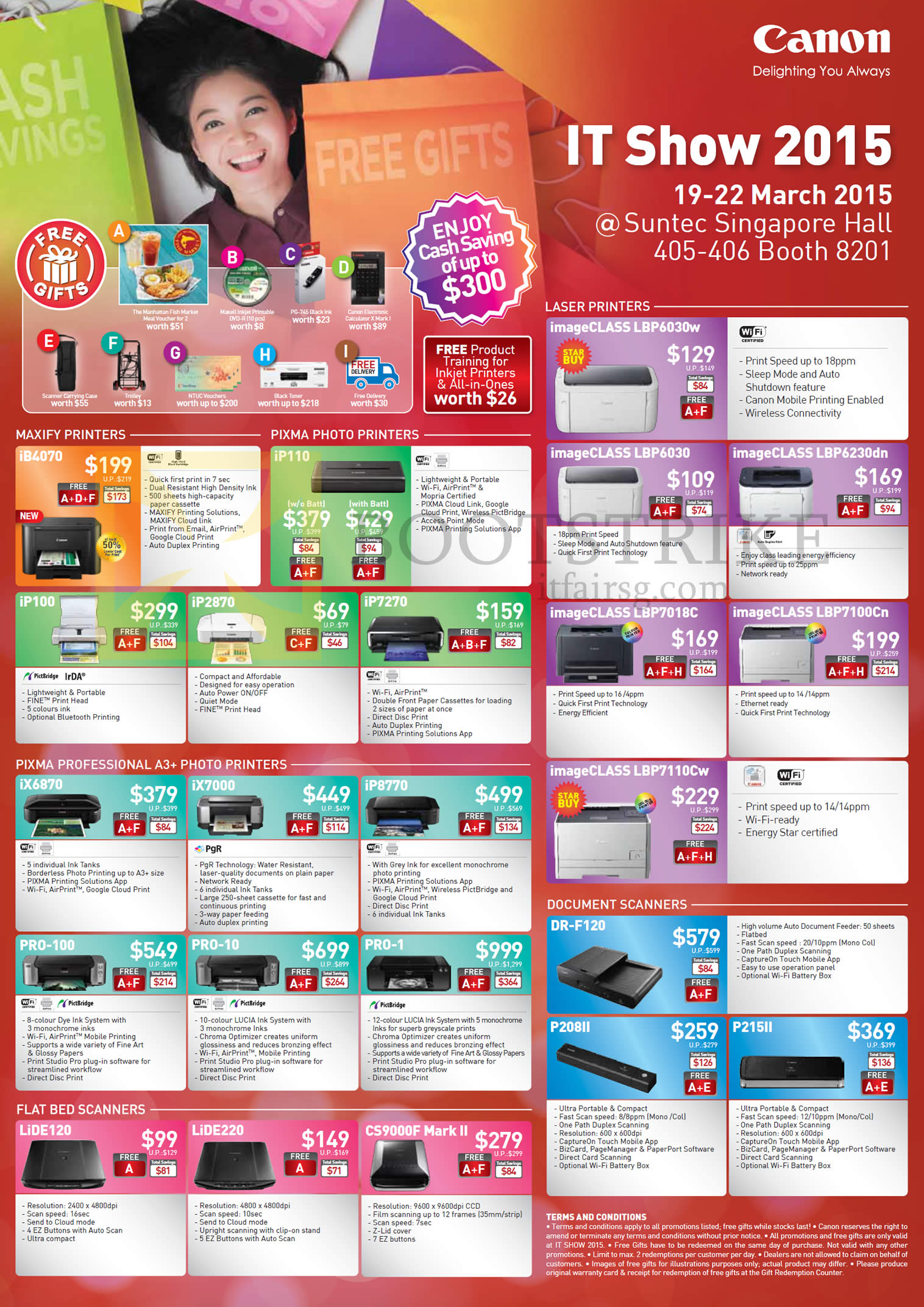 IT SHOW 2015 price list image brochure of Canon Printers Laser LBP6030w 6030 6230dn 7018C 7110Cw, Scanners, DR-F120, P215II, Maxify IB4070, Pixma IP110 2870 7270, IX6870 IP8770, PRO-100, Scanners, Lide 120, 220, CS9000F
