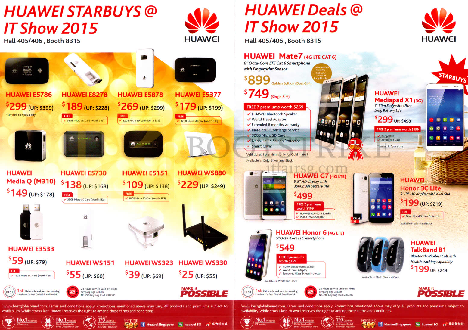 IT SHOW 2015 price list image brochure of Convergent Huawei Routers, Mobile Phones, Mate7, Mediapad X1, G7, Honor 3C Lite, Honor 6, TalkBand B1