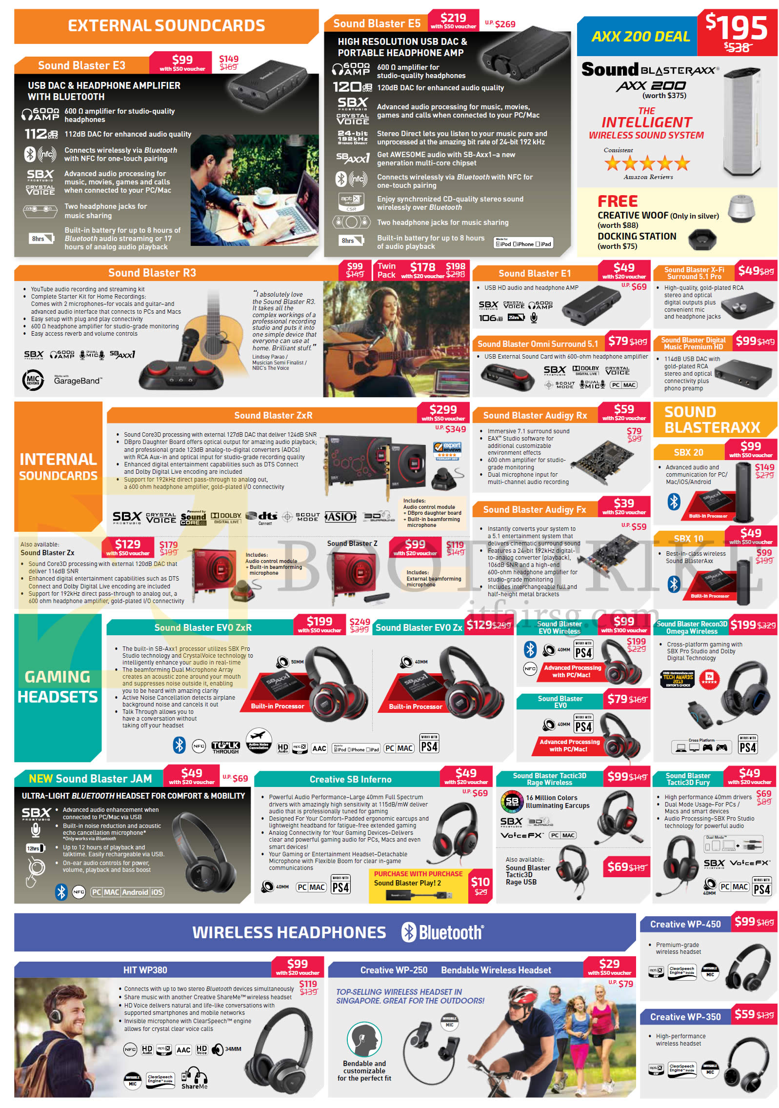 IT SHOW 2015 price list image brochure of Creative Internal, External Sound Cards, Gaming Headsets, Wireless Headphones, Sound Blaster R3, E1, Evo ZxR, Evo Zx, Headset WP-450, WP-350, WP-250