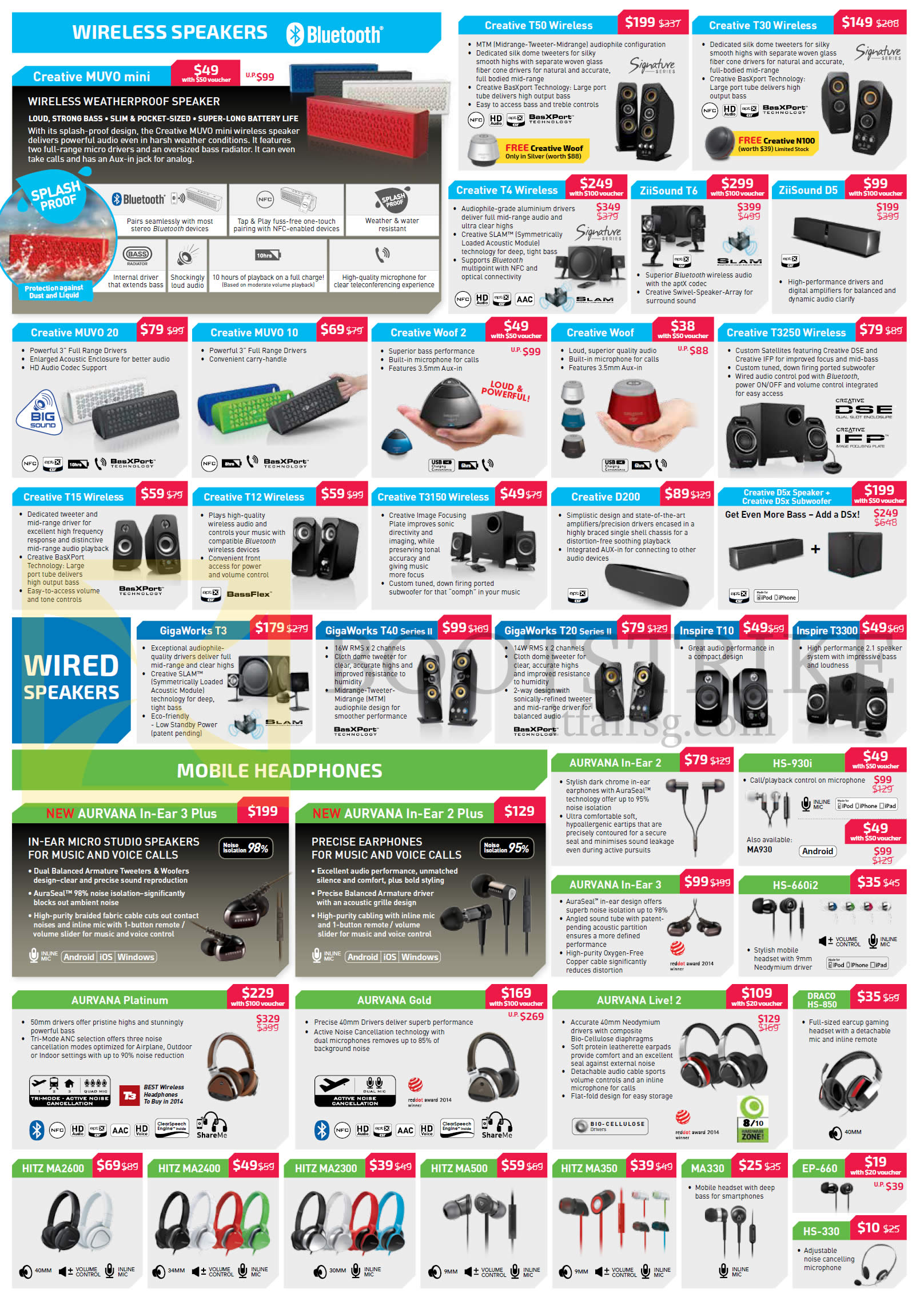 IT SHOW 2015 price list image brochure of Creative Wireless Speakers, Wired Speakers, Mobile Headphones, Earphones Muvo 20, Woof 2, T3150 Wireless, Gigaworks T40, T20, T3, Aurvana Platinum, Hitz