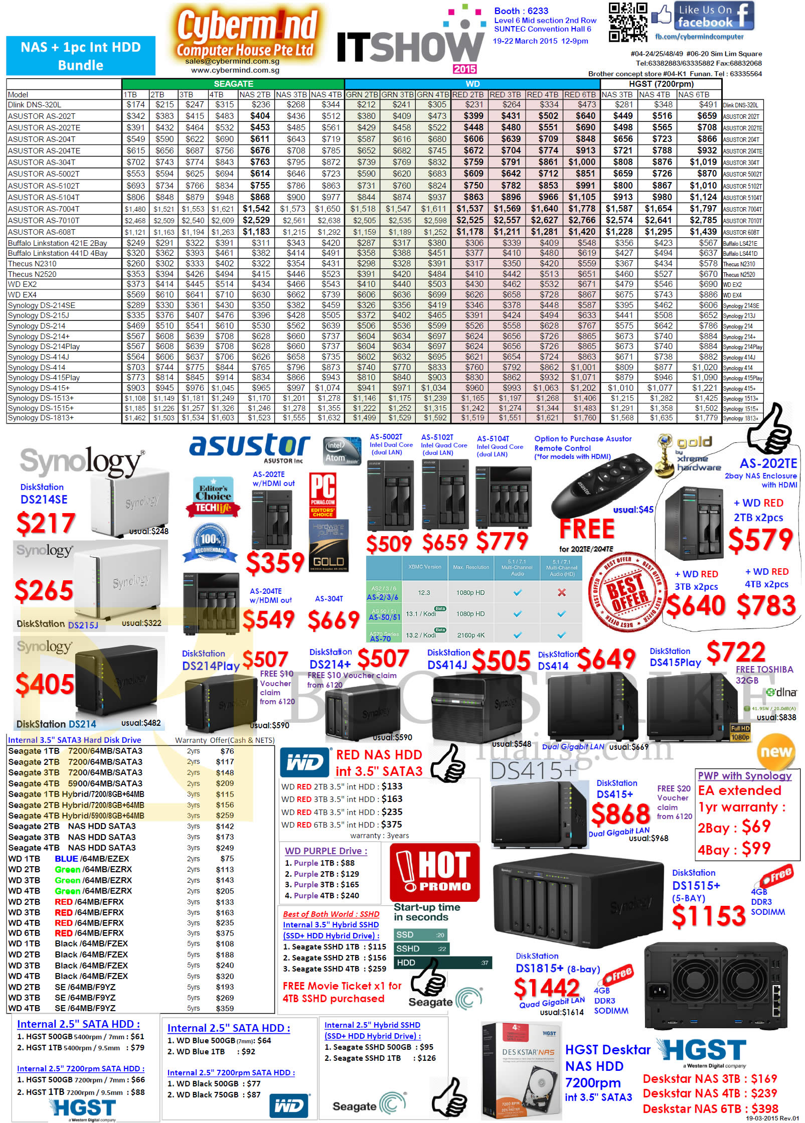 IT SHOW 2015 price list image brochure of Cybermind NAS, HDDs, Synology DiskStation, Asustor, WD, DiskStation, HGST, D-Link, WD, Seagate