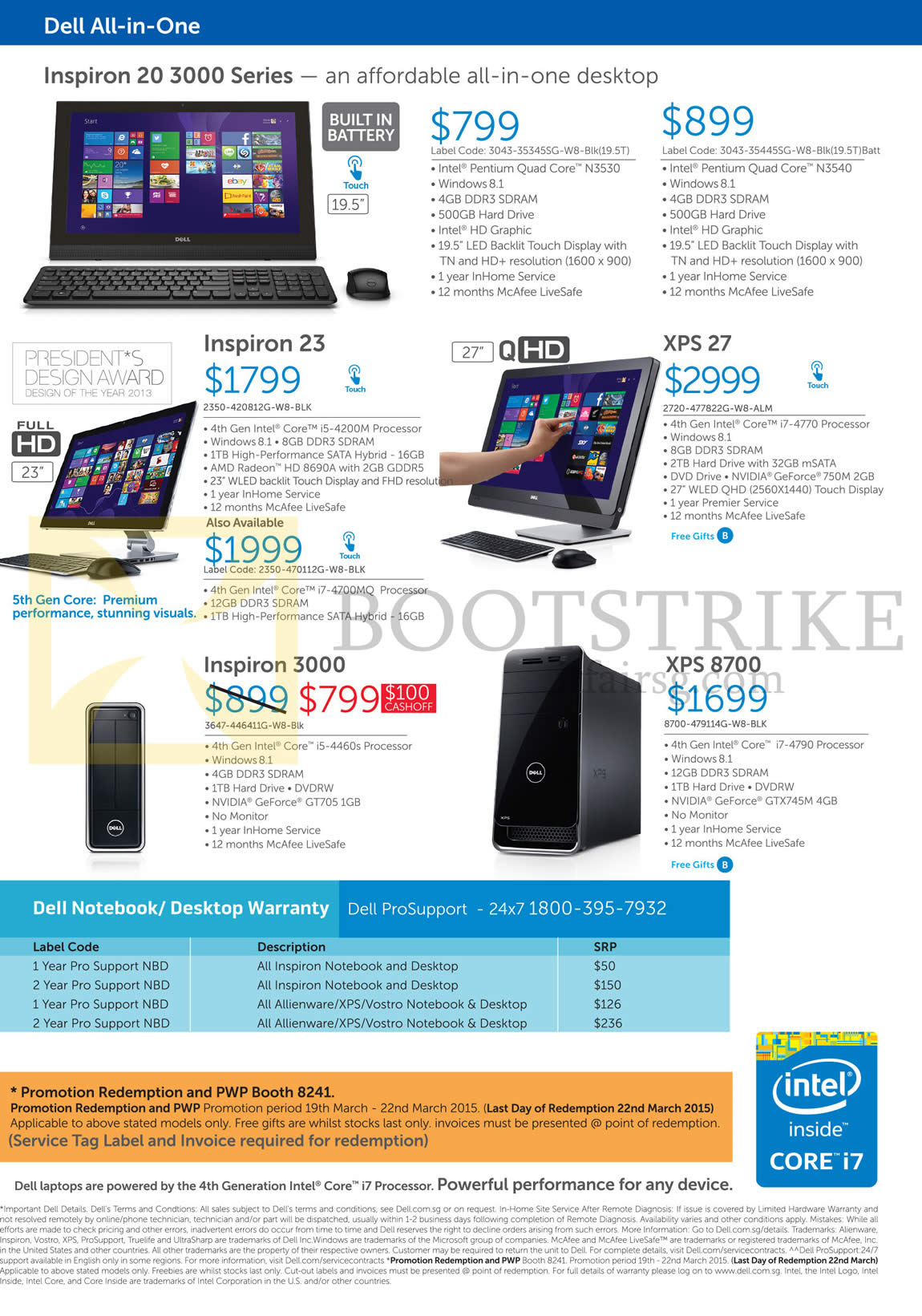 IT SHOW 2015 price list image brochure of Dell Desktop PCs, AIO Desktop PCs, Inspiron 20 3000 Series, 23, 3000, XPS 27, 8700, Warranty
