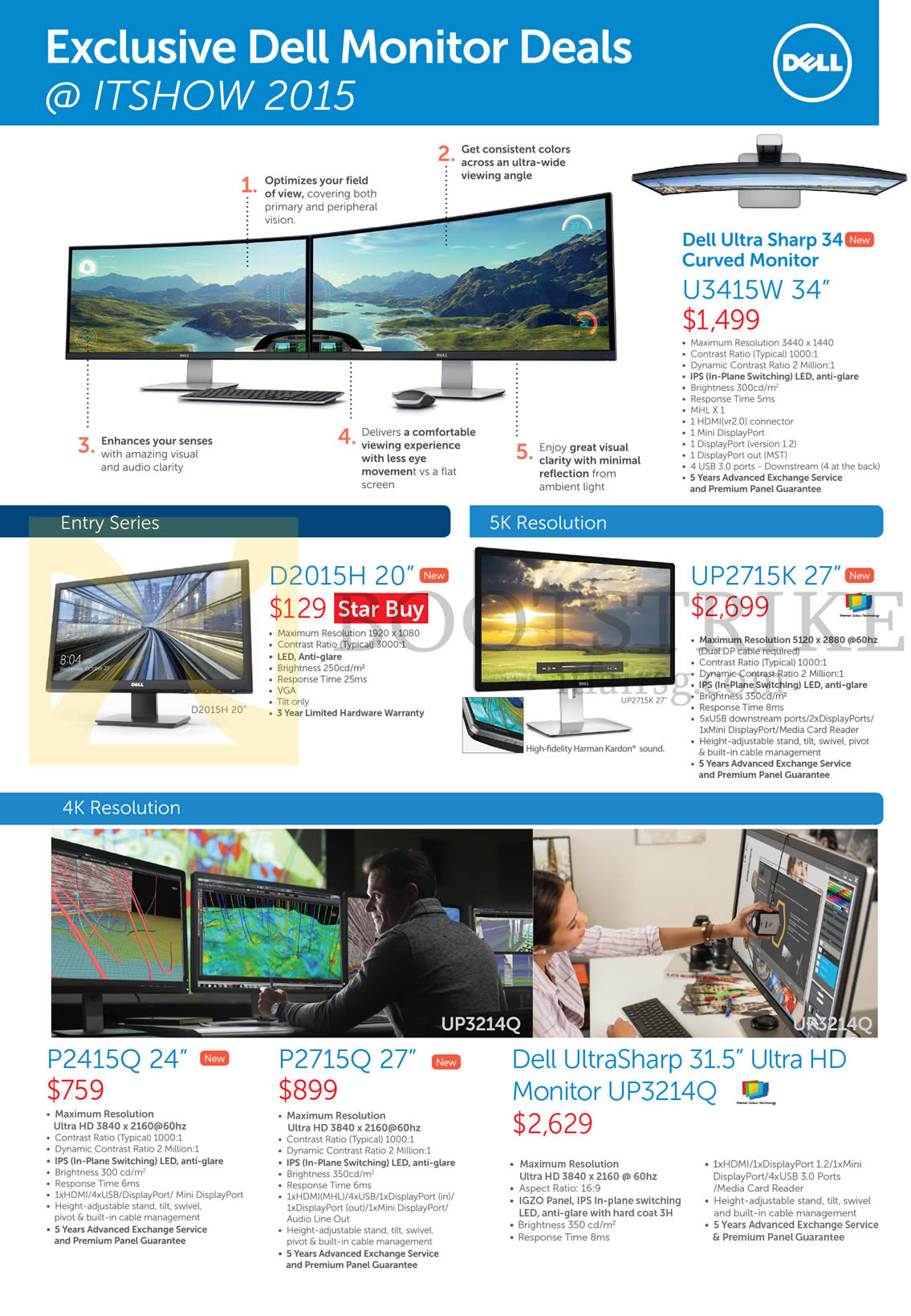 IT SHOW 2015 price list image brochure of Dell Monitors 4K 5K Curved Ultrasharp U3415W, D2015H, UP2715K, P2415Q, P2715Q, UP3214Q