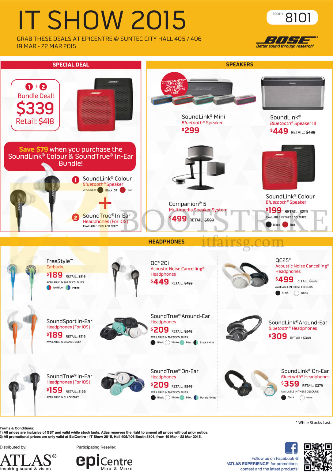IT SHOW 2015 price list image brochure of EpiCentre Speakers, Headphones, SoundLink, Mini, Colour, Companion 5, FreeStyle, QC 20i, QC25, Freestyle, SoundTrue, SoundLink, SoundSport, Around-Ear, In-Ear
