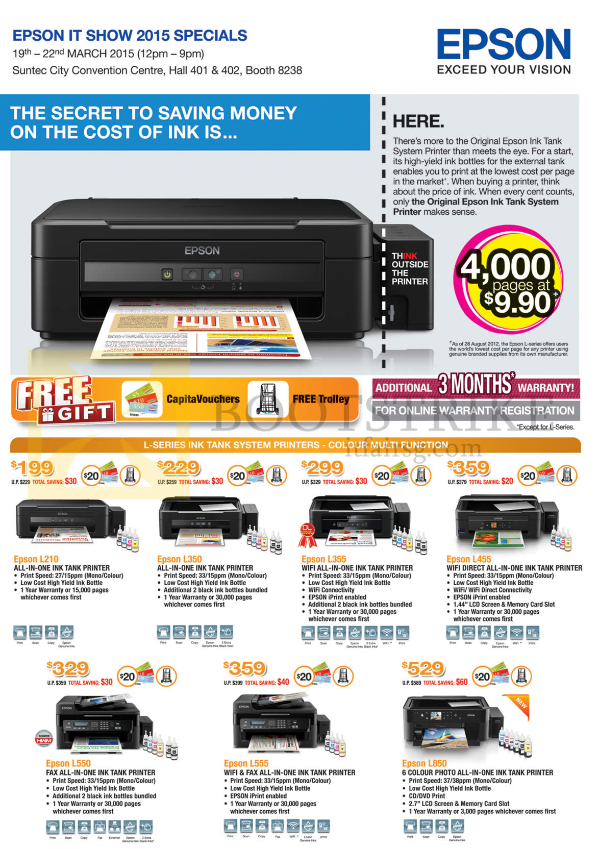IT SHOW 2015 price list image brochure of Epson Printers Inkjet L210, L350, L355, L455, L550, L555, L850