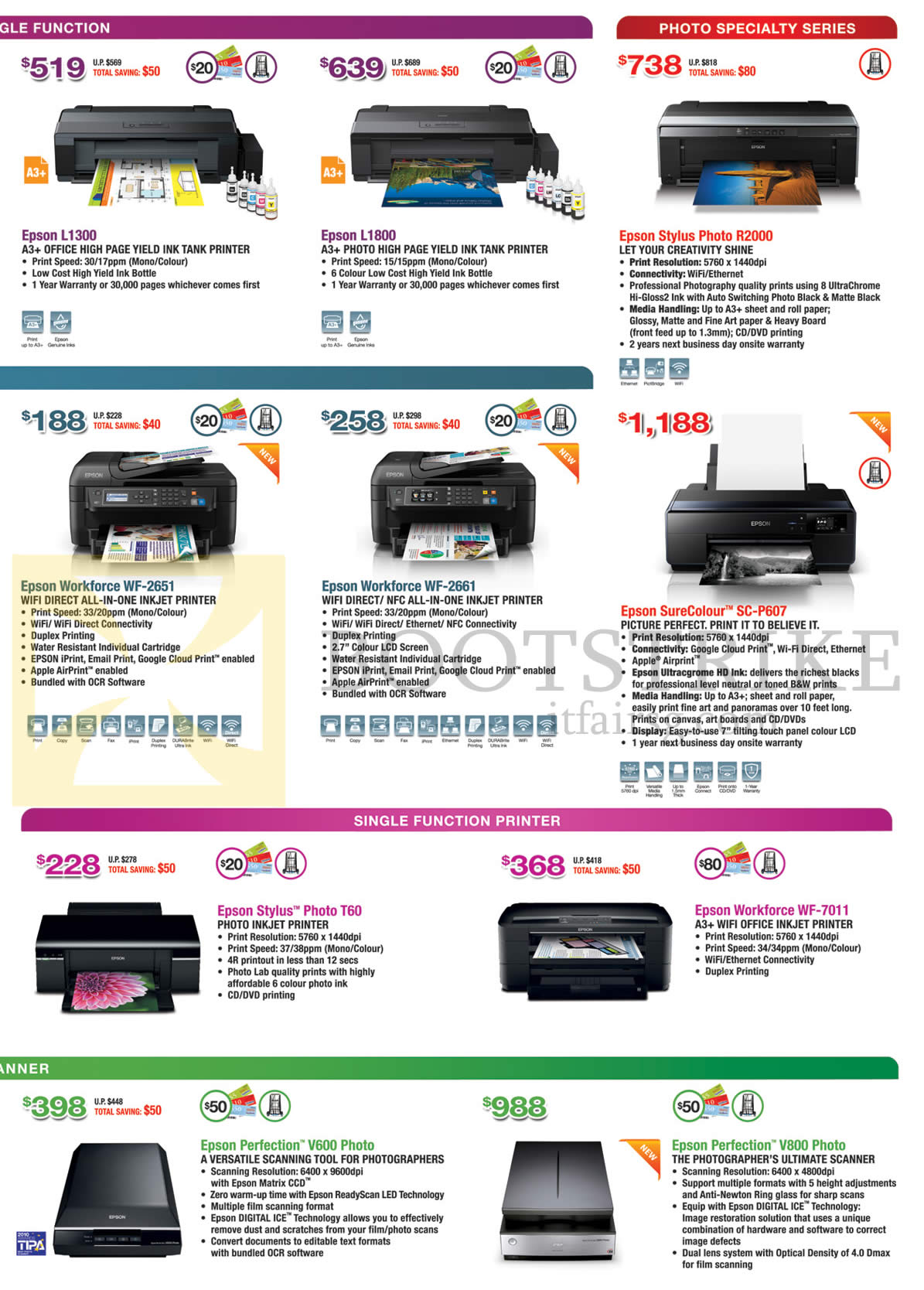 IT SHOW 2015 price list image brochure of Epson Printers Inkjet, Scanners, L1300, L1800, Workforce WF-2651, WF-2661, WF-7011, Stylus Photo R2000, T60, SureColour SC-P607, Perfection V600 Photo, V800 Photo