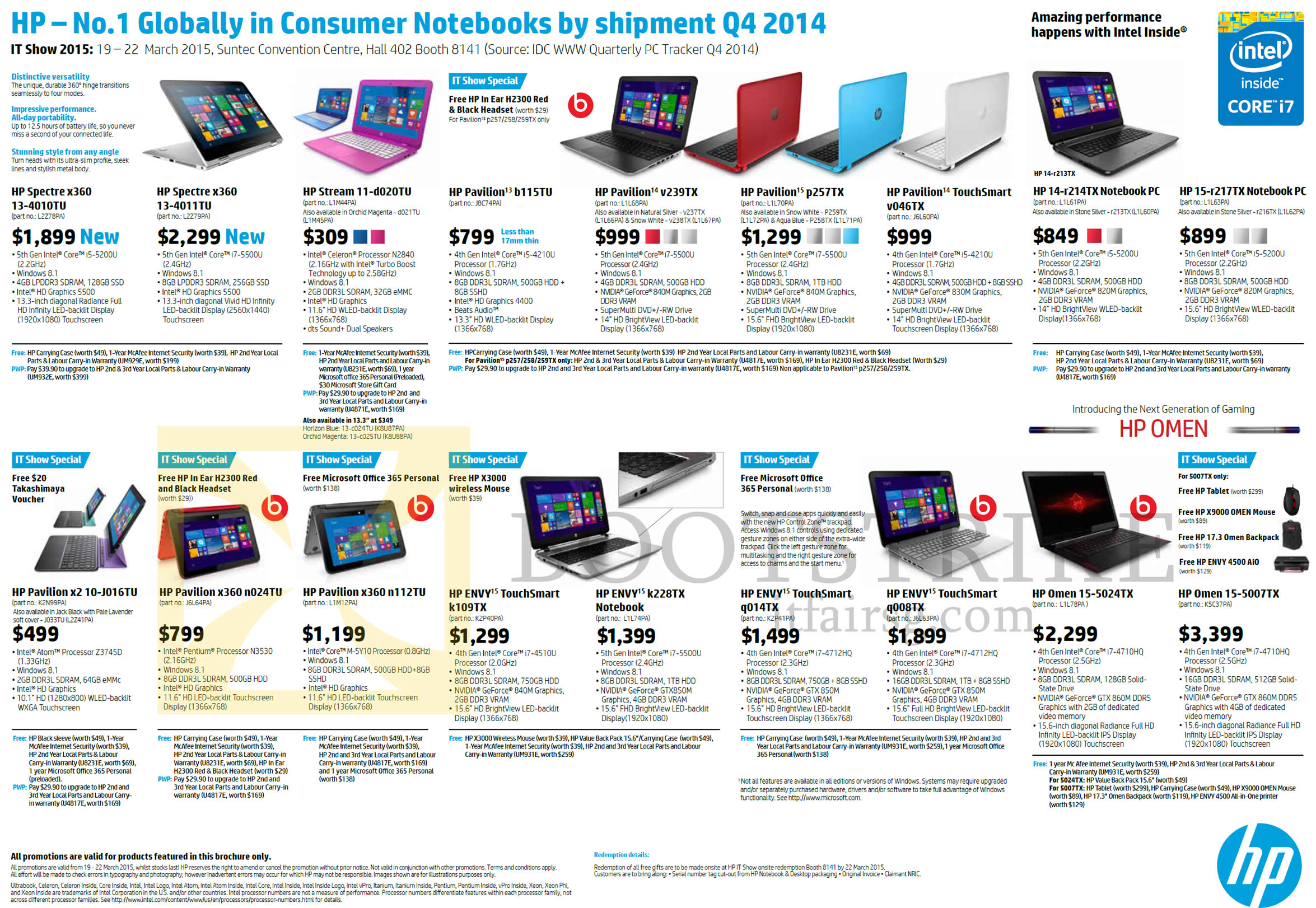 IT SHOW 2015 price list image brochure of HP Notebooks Spectre X360 13-4010TU, 4011, Stream 11-d020TU, Pavilion B115TU V239TX P257TX, TouchSmart V046TX 14-r214TX15-r217TX, Envy K109TX Q014TX