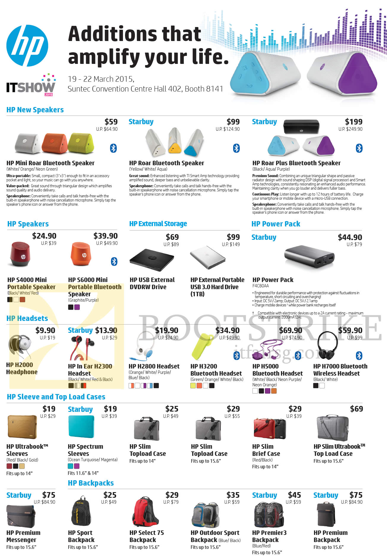IT SHOW 2015 price list image brochure of HP Speakers, External Storage, Power Pack, Headsets, Sleeve, Top Load Cases, Backpacks, Mini Roar, Messenger, Bag