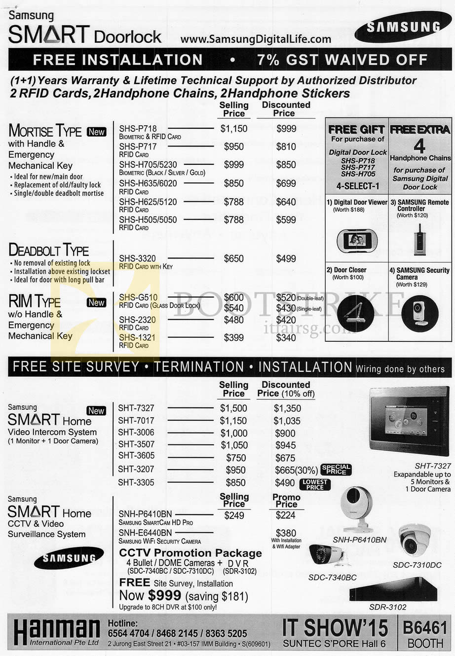 IT SHOW 2015 price list image brochure of Hanman Price List Samsung Smart Doorlock Mortise, Deadbolt, Rim Type, Smart Home