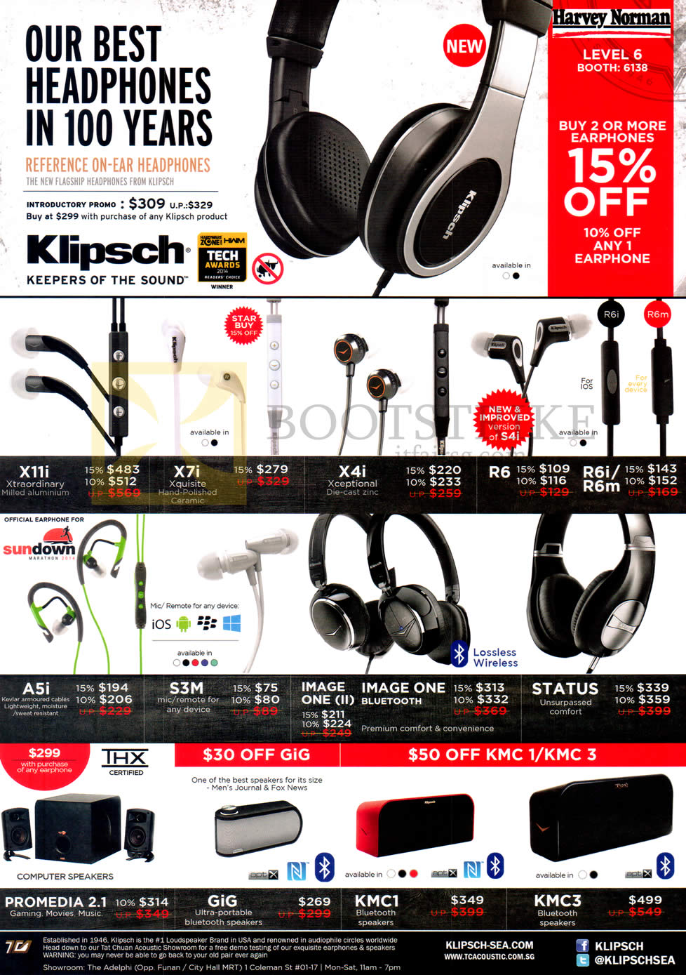 IT SHOW 2015 price list image brochure of Harvey Norman Klipsch Earphones, Headphones, Speakers, X11i, X7i, X4i, R6, R6i, R6m, A5i, S3M, Image One II, Bluetooth, Status, Promedia 2.1, Gig, KMC1, KMC3