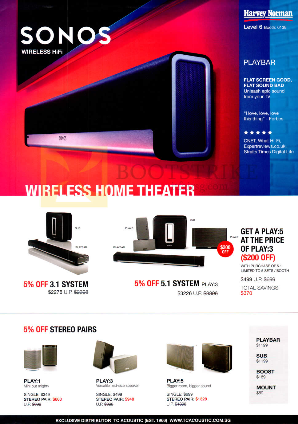 IT SHOW 2015 price list image brochure of Harvey Norman Sonos Home Theatre Systems 3.1 System, 5.1 System, Play 1, 3, 5, Playbar