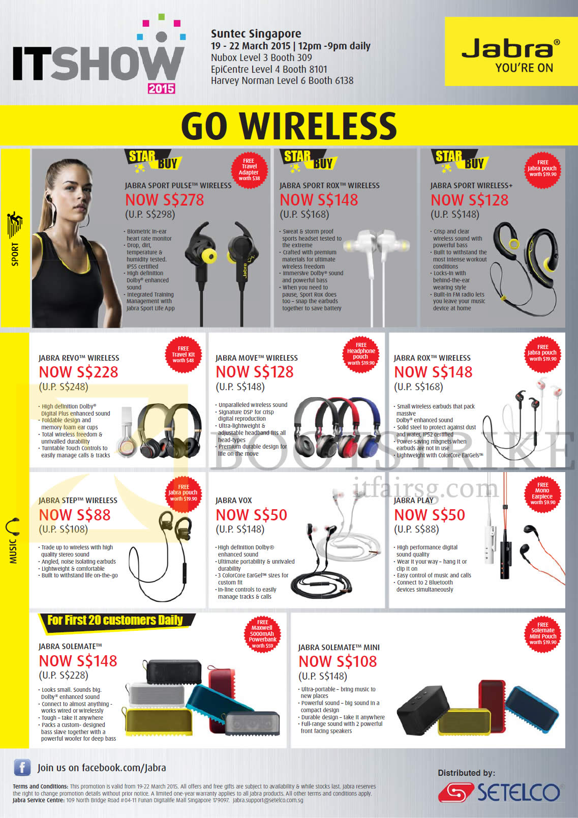 IT SHOW 2015 price list image brochure of Jabra Bluetooth Headset Headphones, Earphones, Sport Pulse, Rox, Wireless, Revo, Move, Rox, Step, Vox, Play, Solemate, Mini