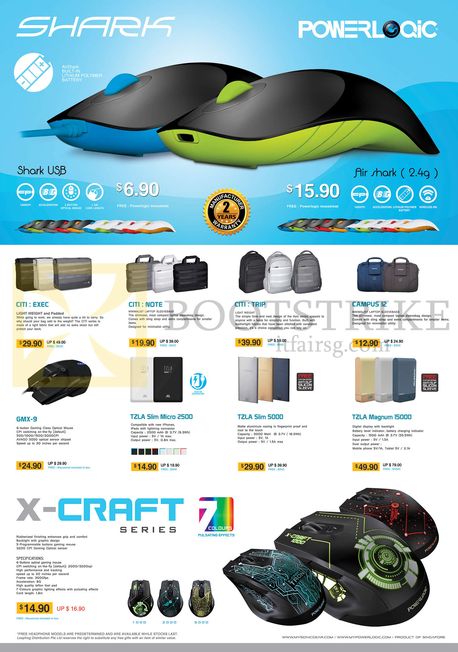IT SHOW 2015 price list image brochure of Leapfrog Powerlogic Shark Bags, Power Banks, Mouse, Citi Exec, Note, Trip, Campus 12, GMX-9, TZLA Slim Micro 2500, 5000, Magnum 15000, X Craft 7 Series