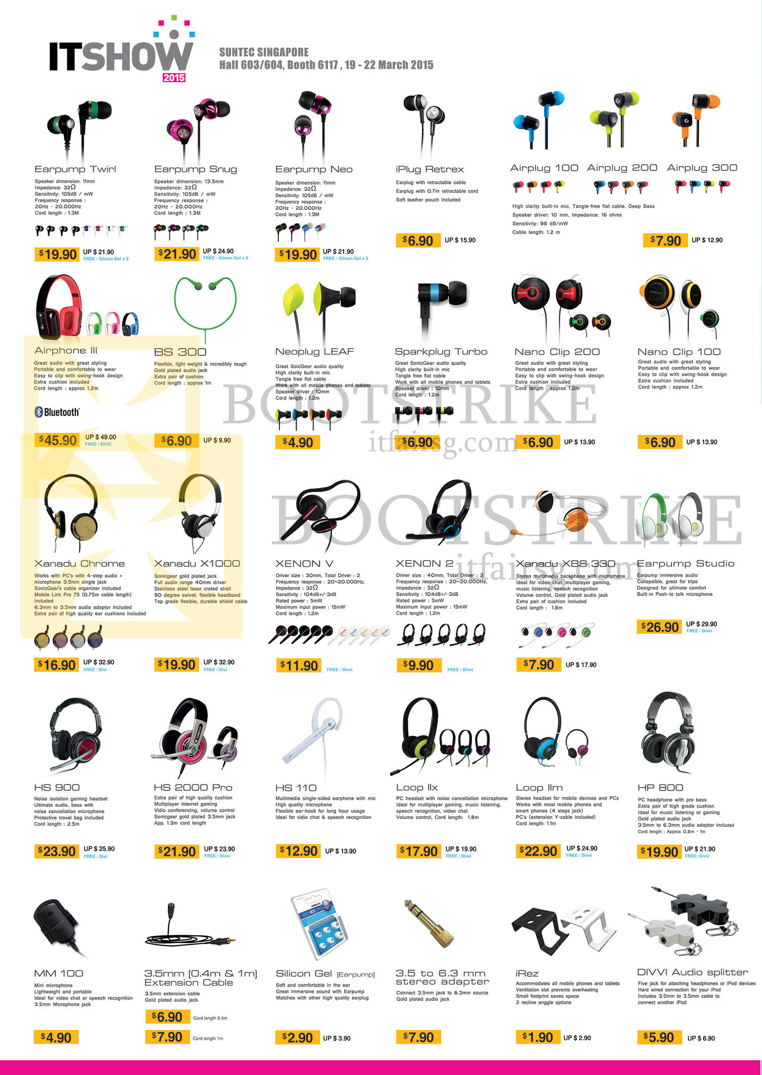 IT SHOW 2015 price list image brochure of Leapfrog SonicGear Earphones, Headphones, Accessories, Earpump Twirl, Brug, Neo, Airphone III, BS 300, Neoplug Leaf, Xanadu Chrome, X1000, Xenon V, HS 900, 2000Pro, HS110