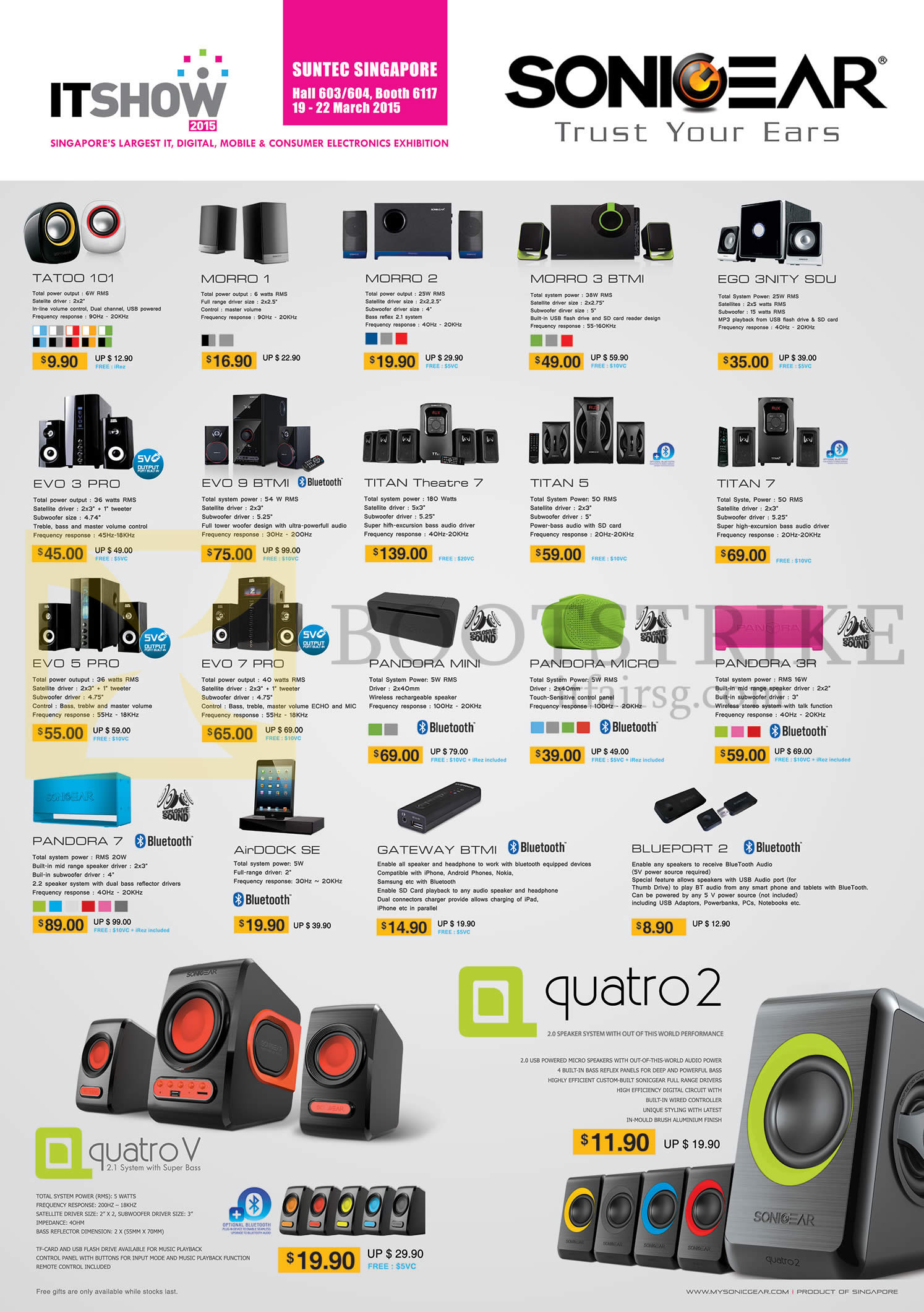 IT SHOW 2015 price list image brochure of Leapfrog SonicGear Speakers, Docking Stations, Tatoo 101, Morro 1,2,3 BTMI, Evo 3 Pro, 5 Pro, Pandora 3R, Titan 5, 7, AirDock SE, Gatewat BTM, Blueport 2