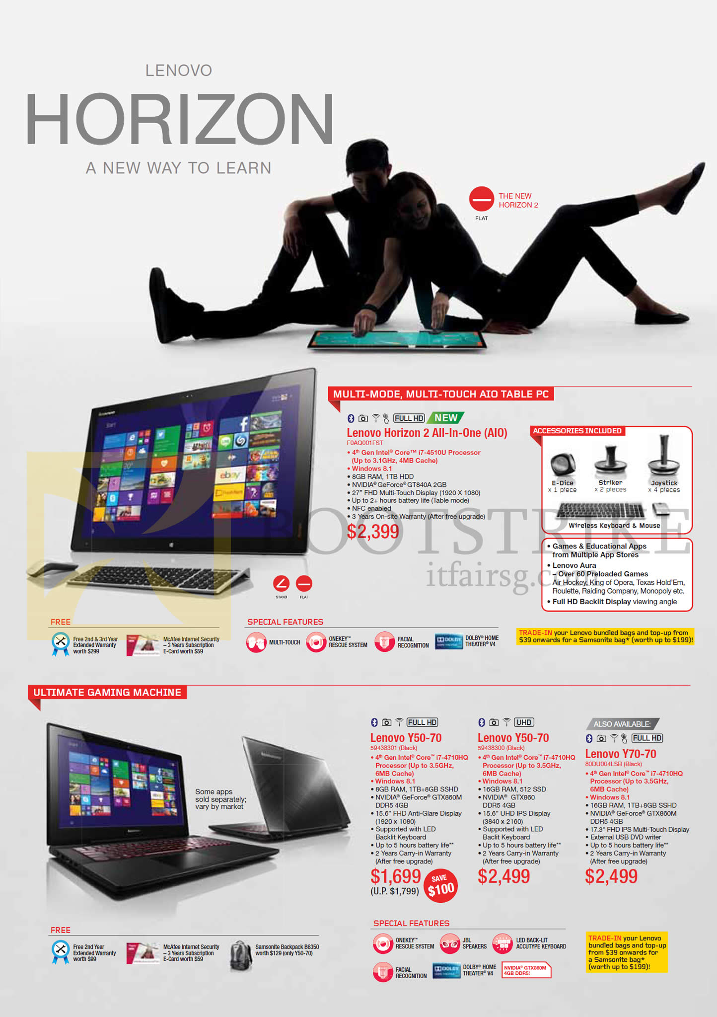 IT SHOW 2015 price list image brochure of Lenovo AIO Desktop PC Horizon 2, Y50-70 Notebook