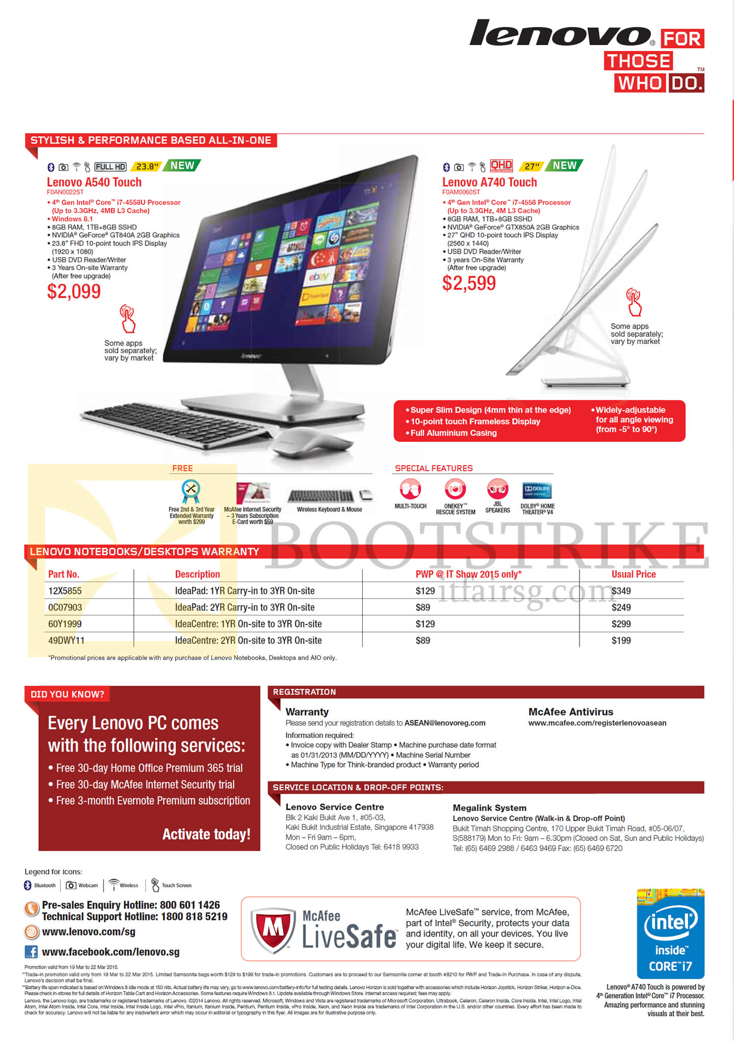 IT SHOW 2015 price list image brochure of Lenovo AIO Desktop PCs A540 Touch, A740 Touch, Warranty Options