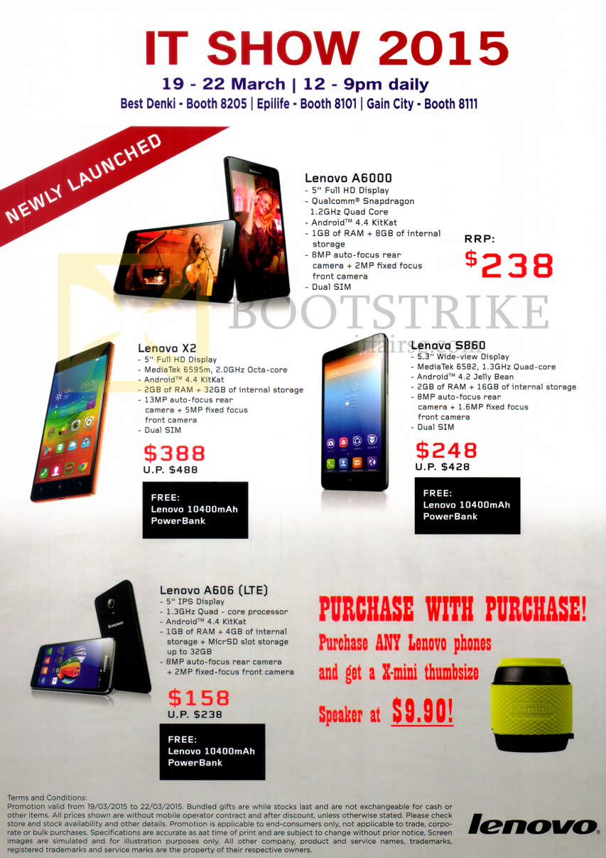 IT SHOW 2015 price list image brochure of Lenovo Mobile Phones A6000, X2, S860, A606