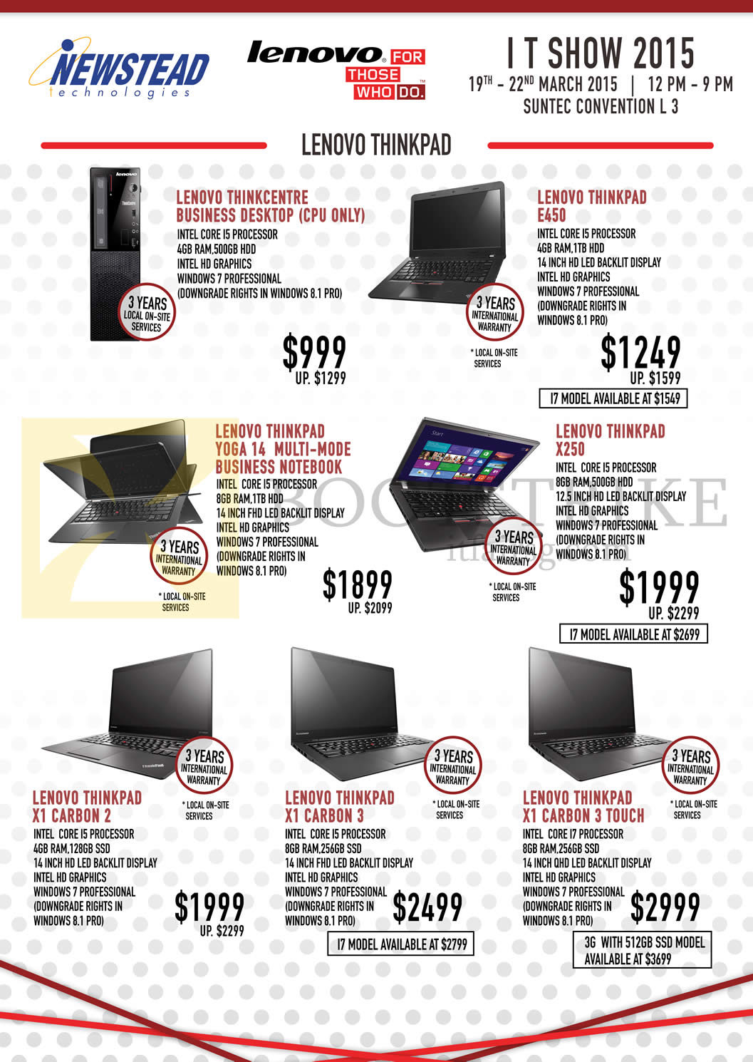 IT SHOW 2015 price list image brochure of Lenovo Newstead Desktop PC, Notebooks Thinkpad E450, Yoga 14, X250, X1 Carbon 2, 3, 3 Touch