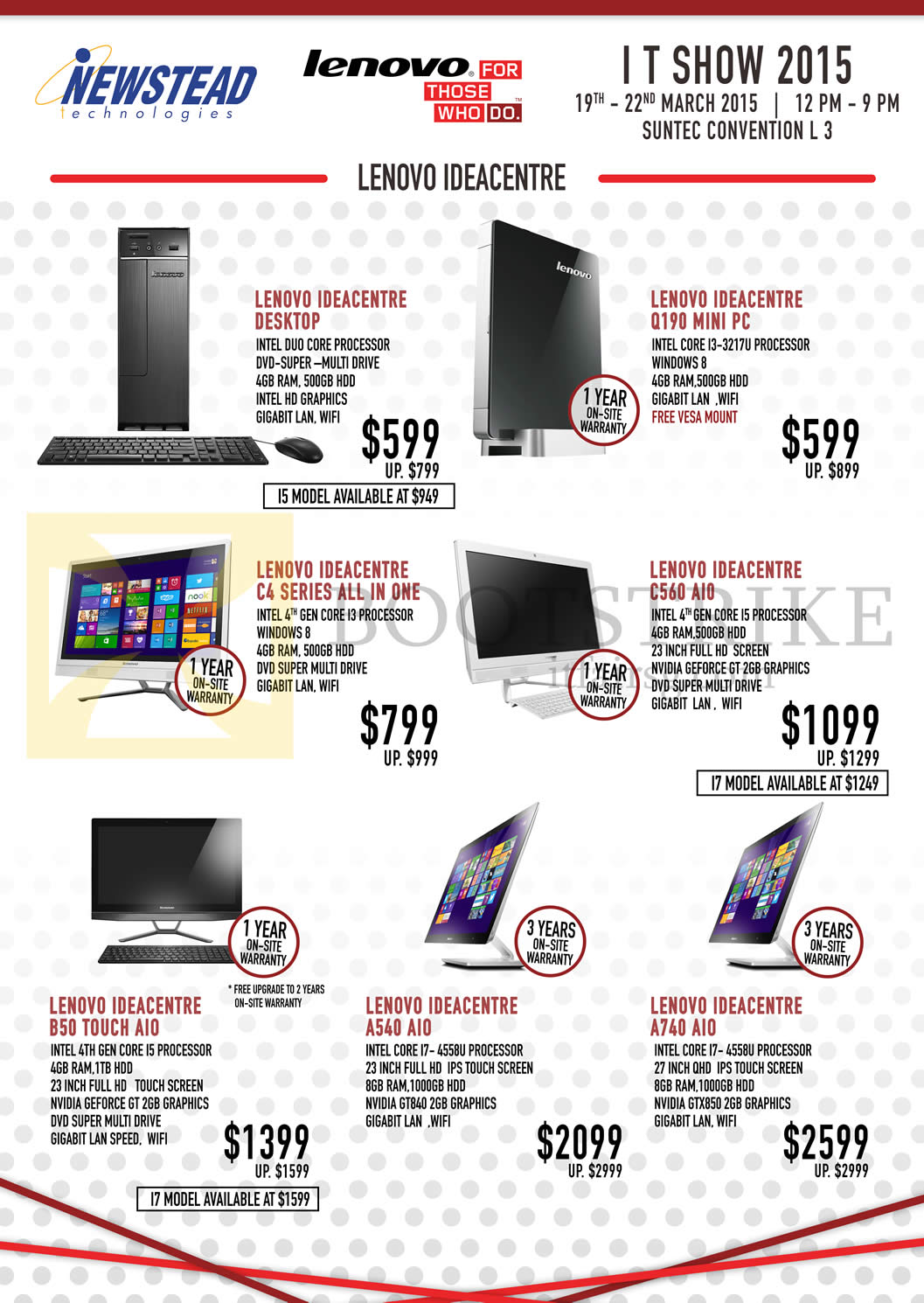 IT SHOW 2015 price list image brochure of Lenovo Newstead Desktop PCs, AIO Desktop PCs, Ideacentre Q190, C4 Series, C560, B50 Touch, A540, A740