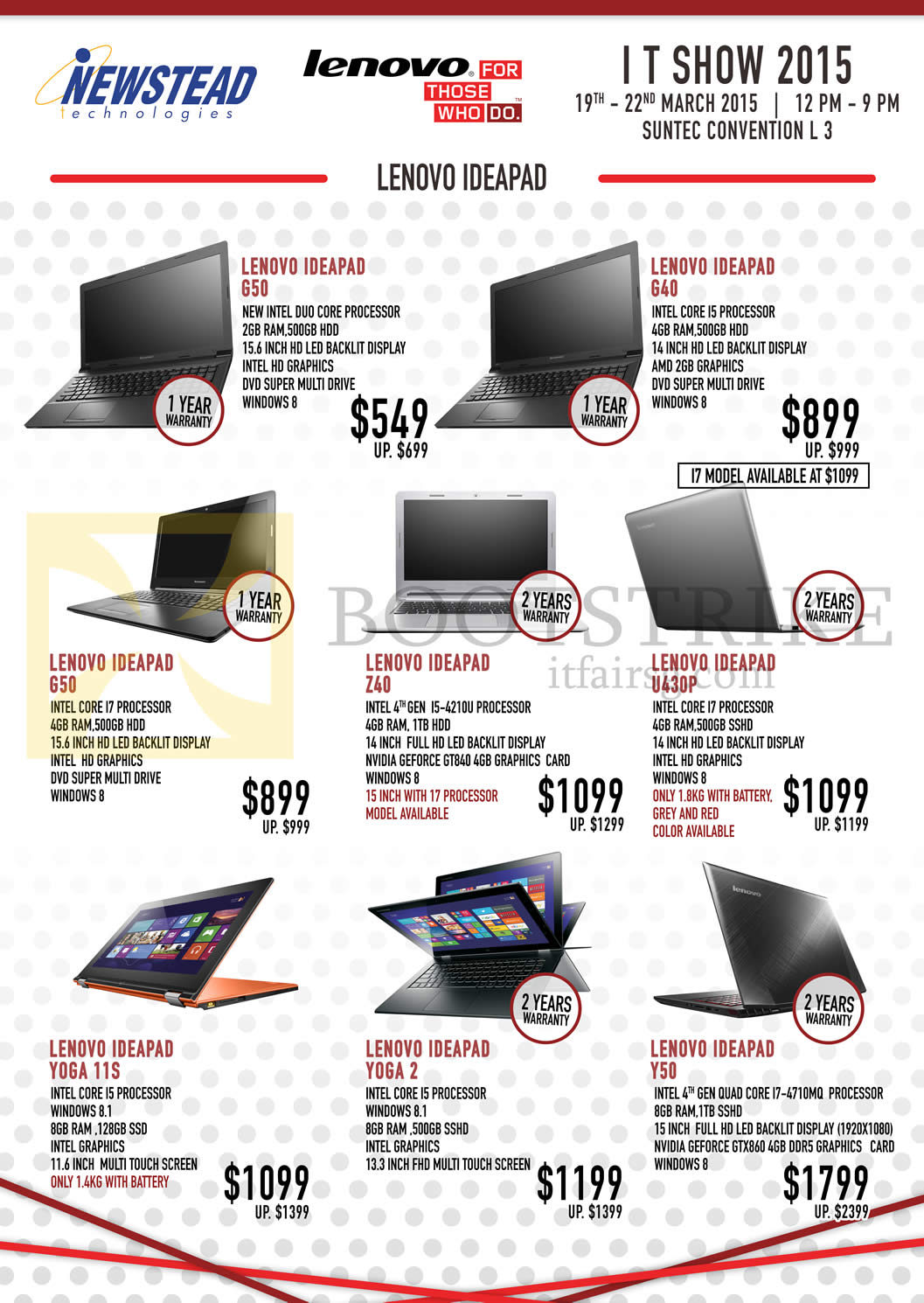 IT SHOW 2015 price list image brochure of Lenovo Newstead Notebooks Ideapad G50, G40, Z40, U430P, Yoga 11S, Yoga 2, Y50
