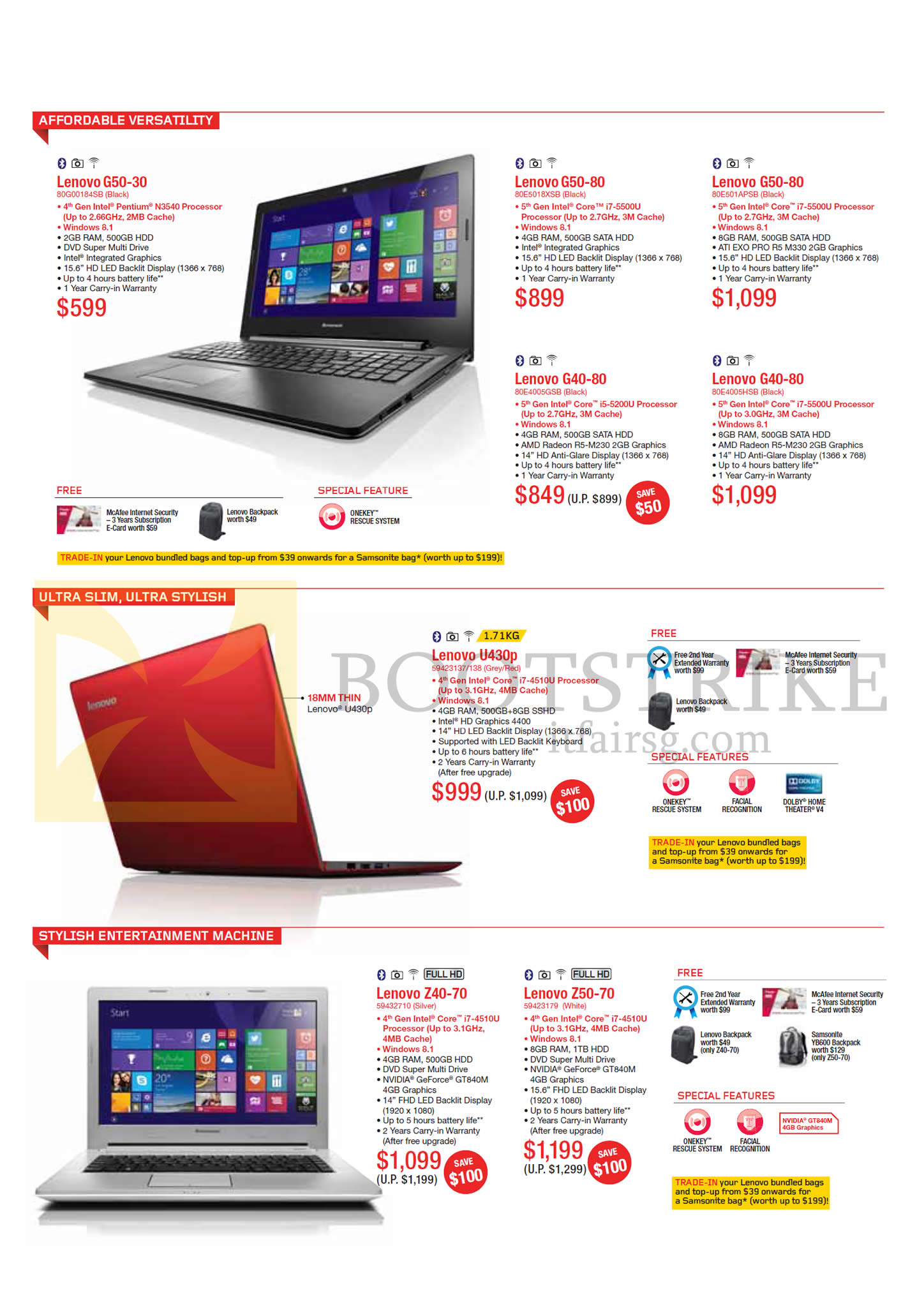 IT SHOW 2015 price list image brochure of Lenovo Notebooks G50-30, G50-80, G40-80, U430p, Z40-70, Z50-70